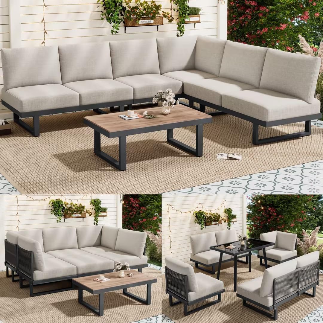 Salon de Jardin modulable 6 places, acier, coussins 14 cm, table verre, convertible