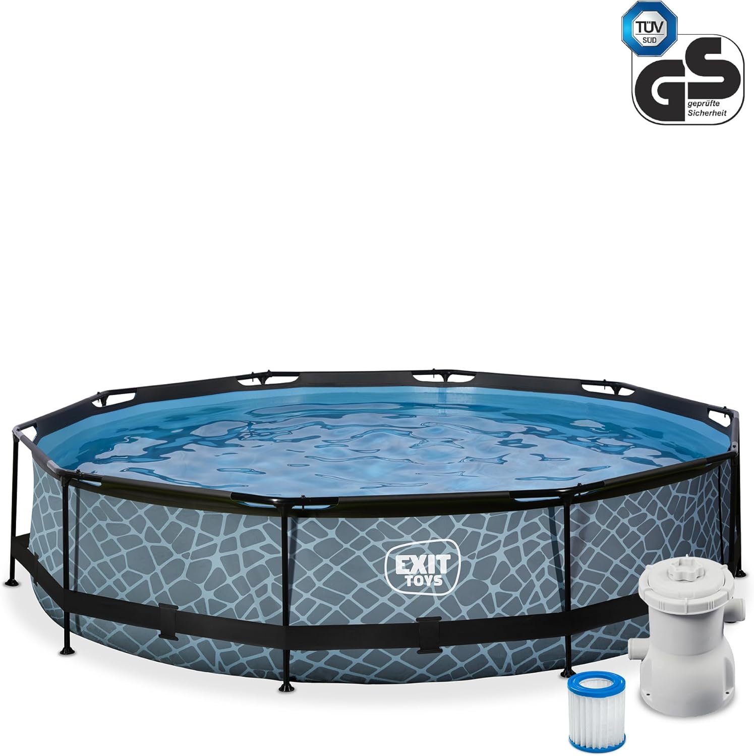 bleujardin Piscine Tubulaire Stone - ø360x76cm - Piscine Hors Sol Ronde Grande avec Pompe Filtrante à Cartouche - Entrée Basse - Idéal pour Les Jeunes Enfants - Cadre Stable - Design Unique - Gris