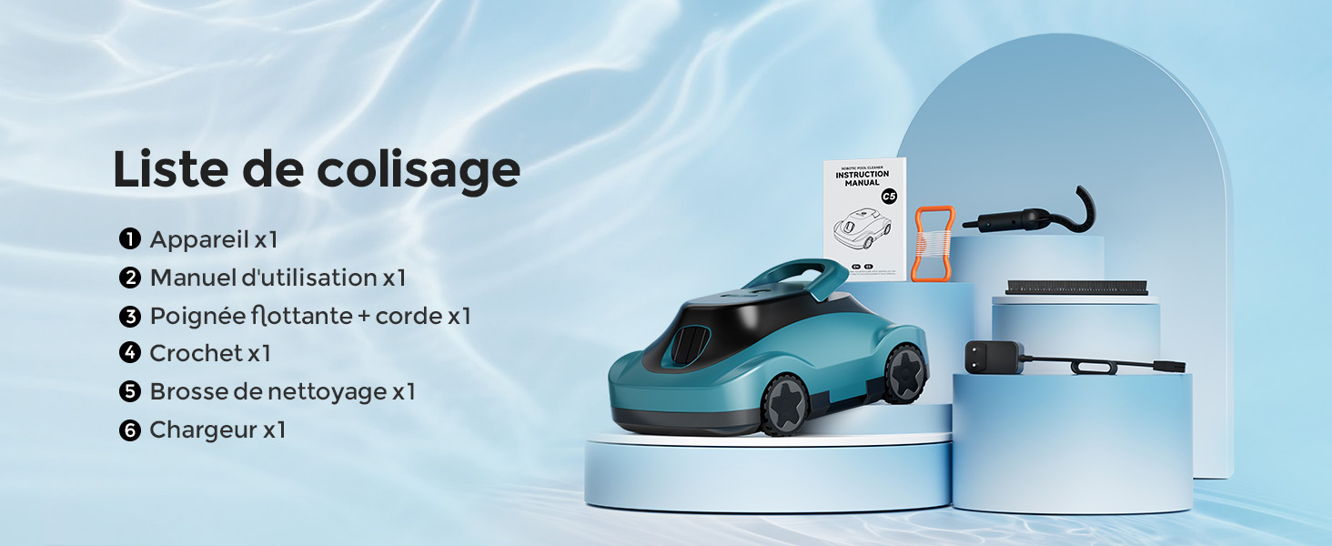 Le texte se lit comme suit : « Liste de colisage », suivi de puces. L'image marketing montre un modèle de voiture bleu sarcelle sur une plate-forme blanche avec des effets de fond semblables à de l'eau.