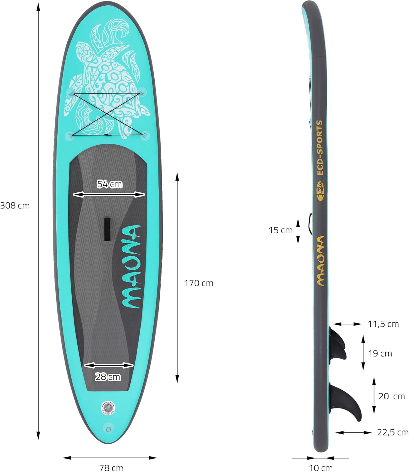 bleujardin - Stand Up Paddle Gonflable - 305/308/320/380 cm - PVC 120/150 kg 10/15 cm
