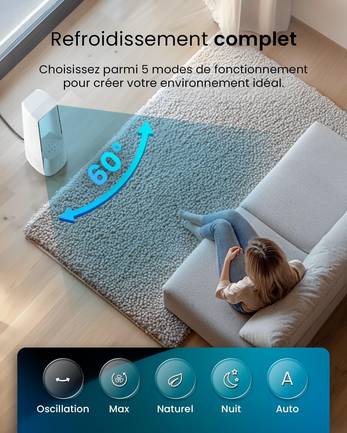 bleujardin - Ventilateur colonne, 101 cm - 6 vitesses, oscillation 60°, silencieux