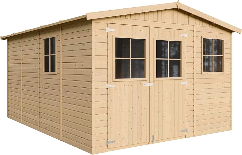 bleujardin - Abri de jardin série M336 - 12m², bois naturel, fenêtres, H226x324x416cm - M336