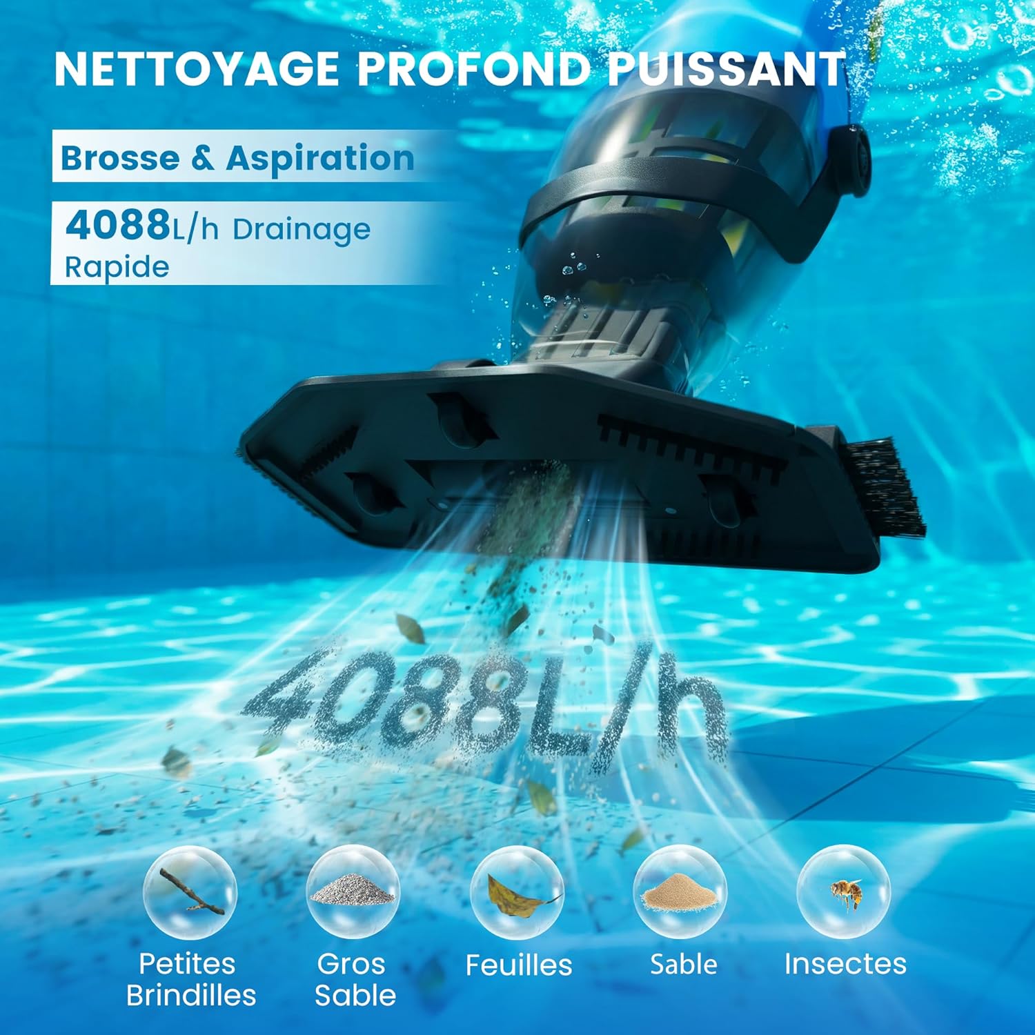 Aspirateur de piscine manuel - sans fil rechargeable, léger, pour piscines et spas