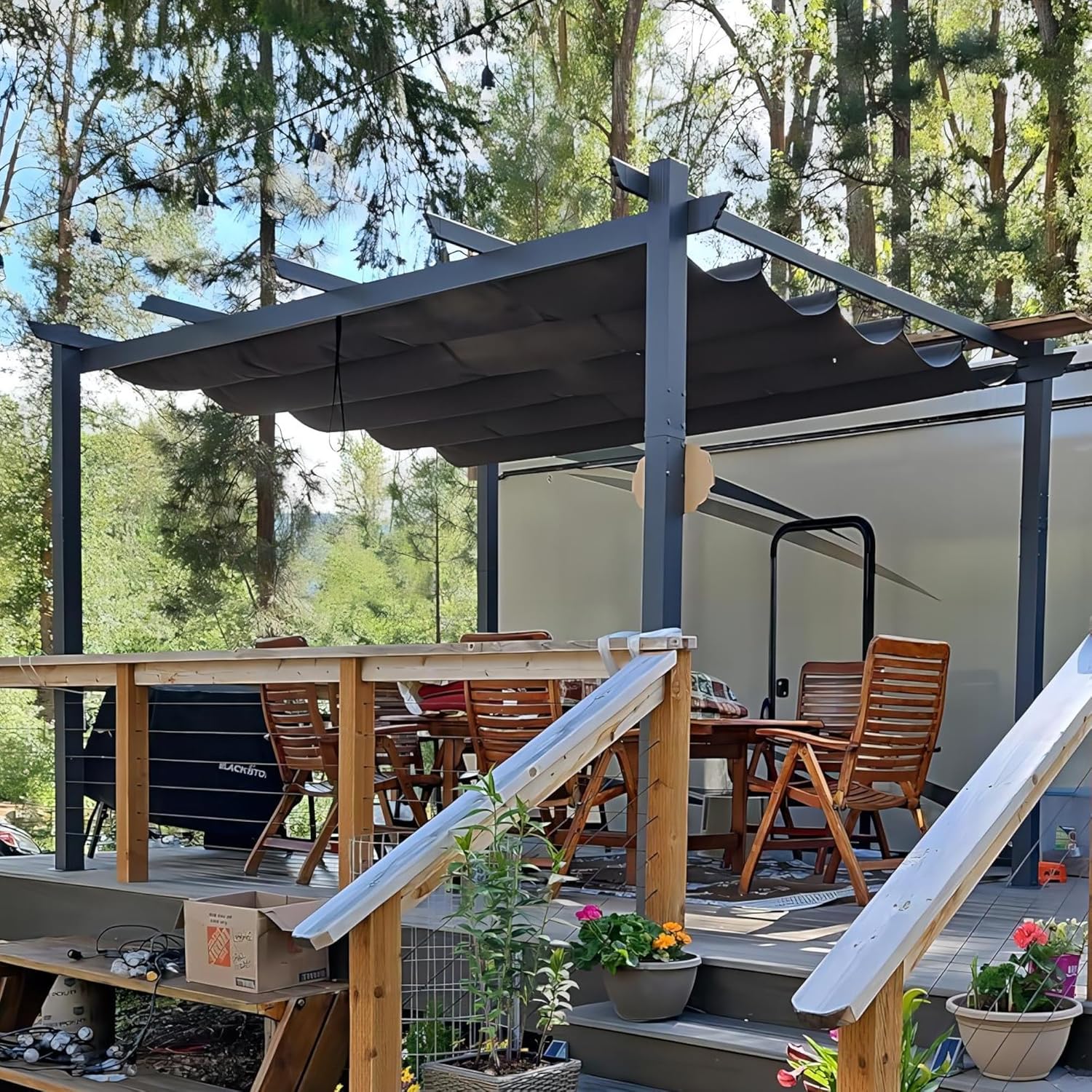 bleujardin - pergola aluminium - 4x3m - toit coulissant, tissu teint
