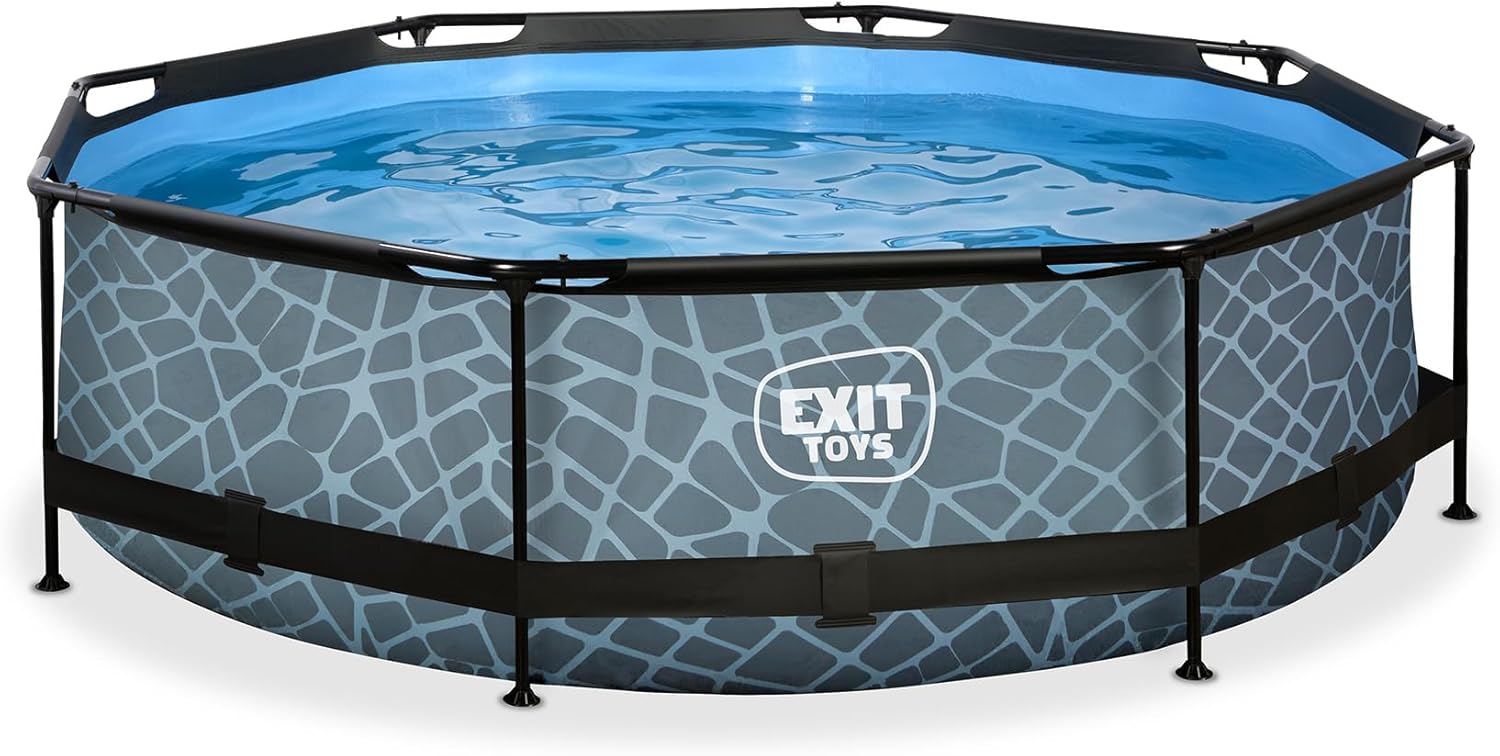 bleujardin Piscine Tubulaire Stone - ø300x76cm - Piscine Hors Sol Ronde avec Pompe Filtrante à Cartouche - Entrée Basse - Idéal pour Les Jeunes Enfants - Cadre Stable - Design Unique - Gris