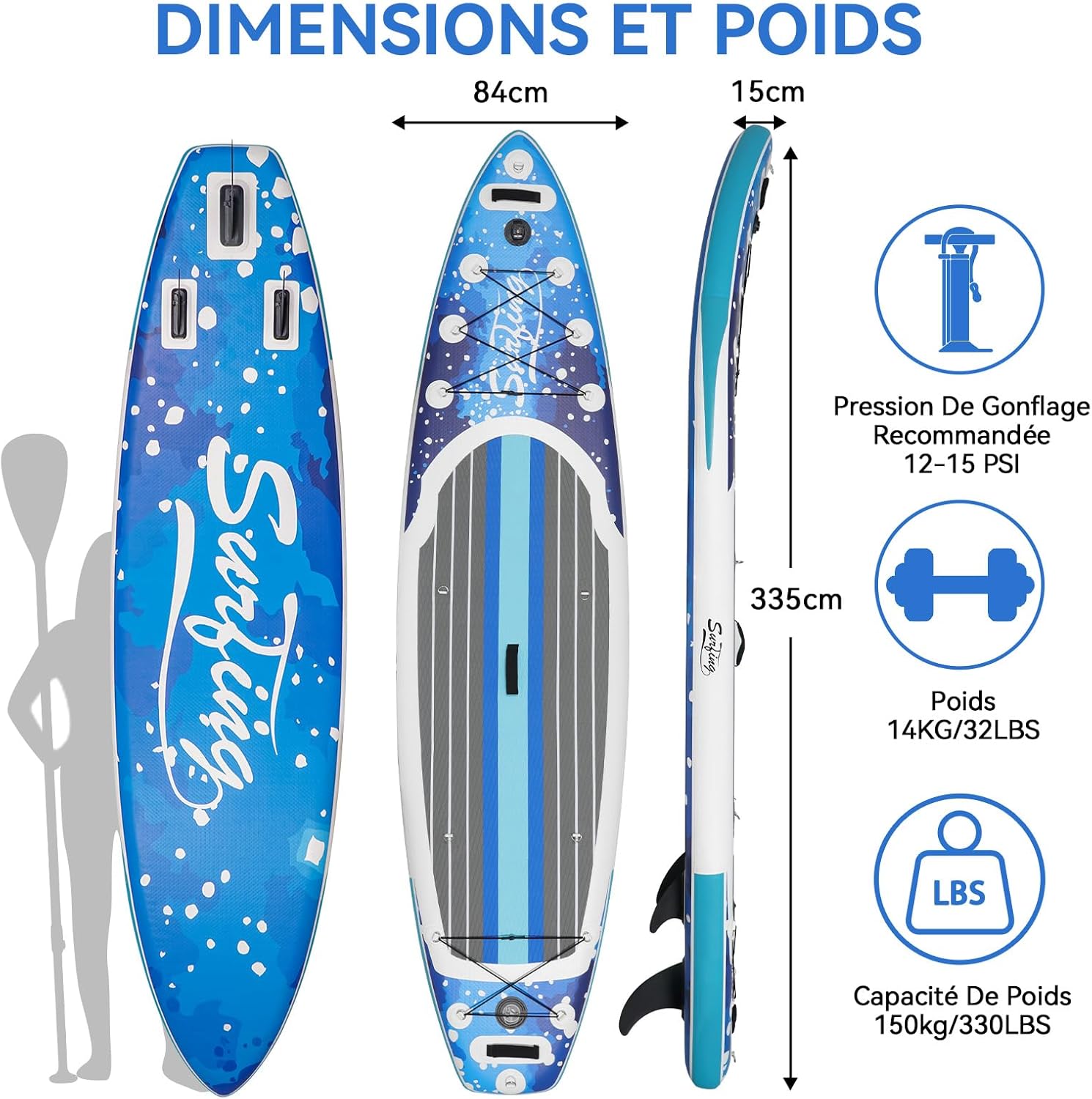 bleujardin - Paddle gonflable 320/335cm - 2 personnes, siège kayak, jusqu'à 150kg