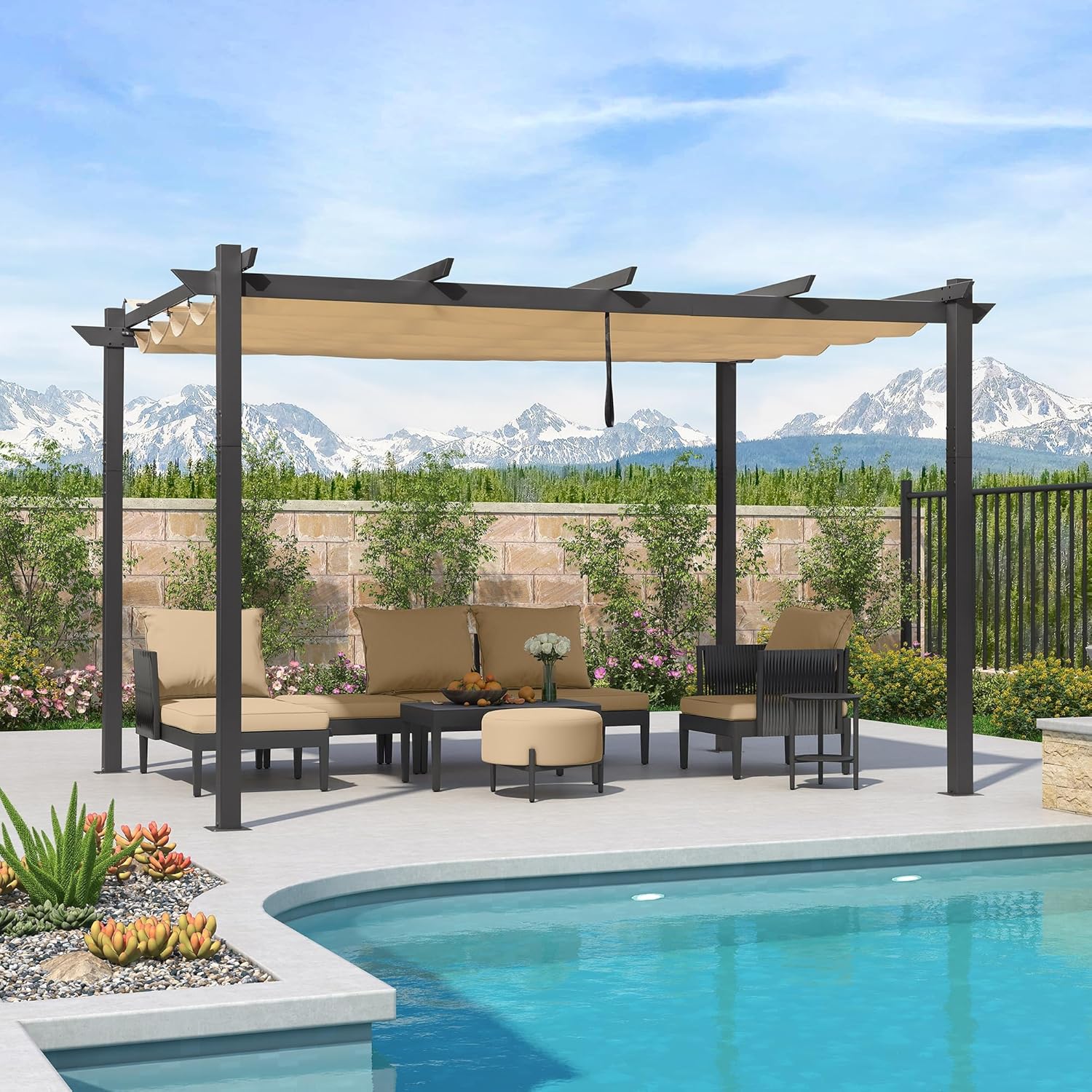 bleujardin - Pergola Kaki - 4x3m aluminium, toit rétractable, imperméable
