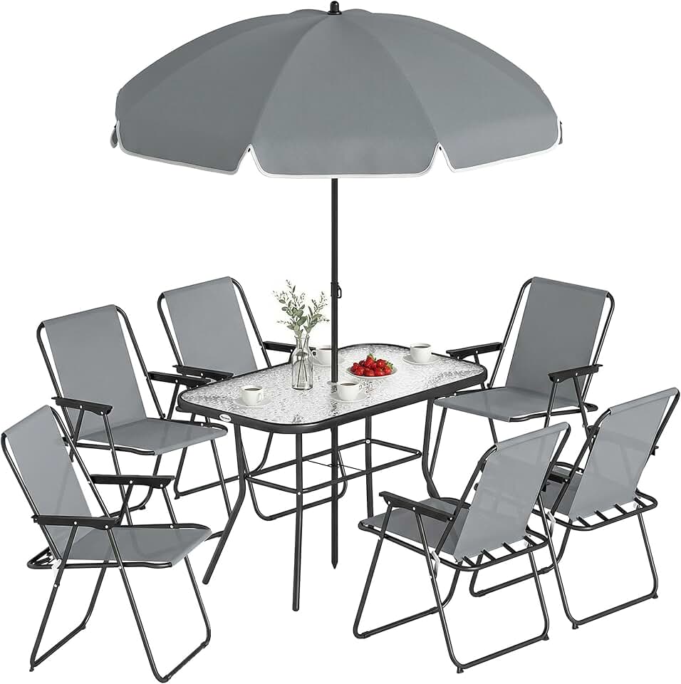 bleujardin - salon de jardin 8 pièces, table verre trempé, acier antirouille, chaises pliantes, parasol, Gris