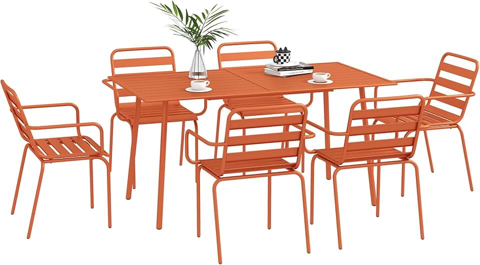 bleujardin - salon de jardin 7 pièces - table + 6 chaises acier rouge