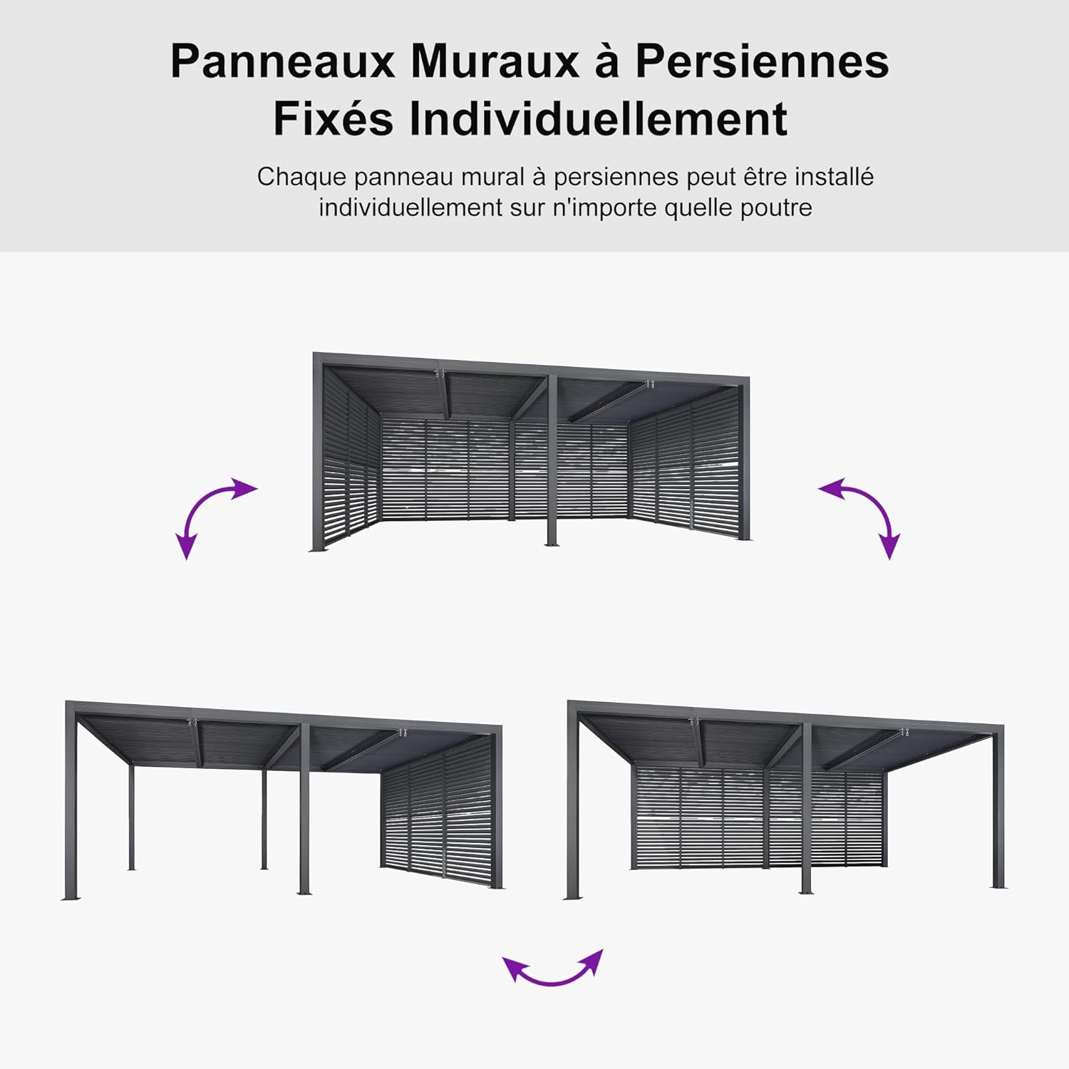 bleujardin - Pergola bioclimatique 6x3,68m alu, lames orientables, persienne fixe