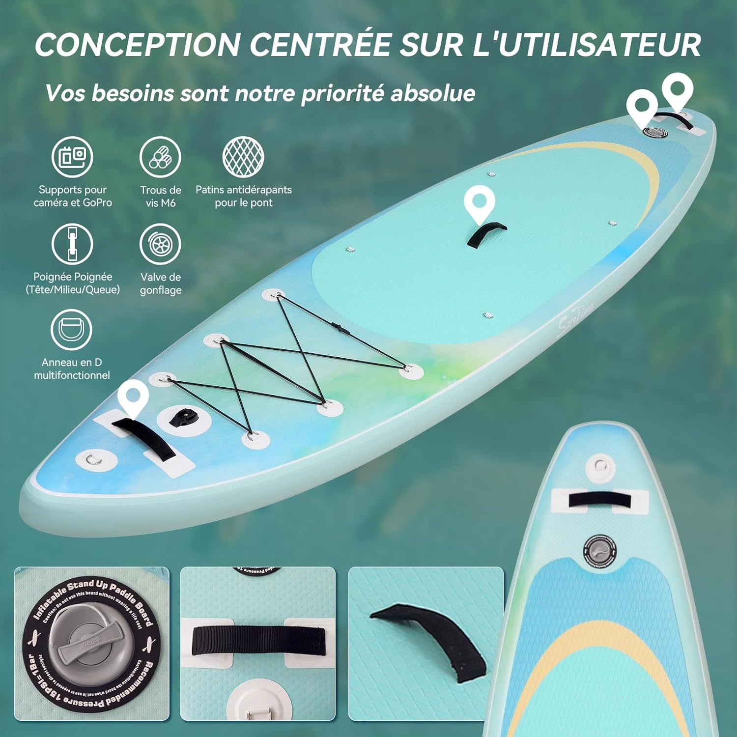 bleujardin - paddle gonflable adulte - 320/335cm - 2 places, siège kayak, pagaie alu, support caméra, pompe, 150 kg