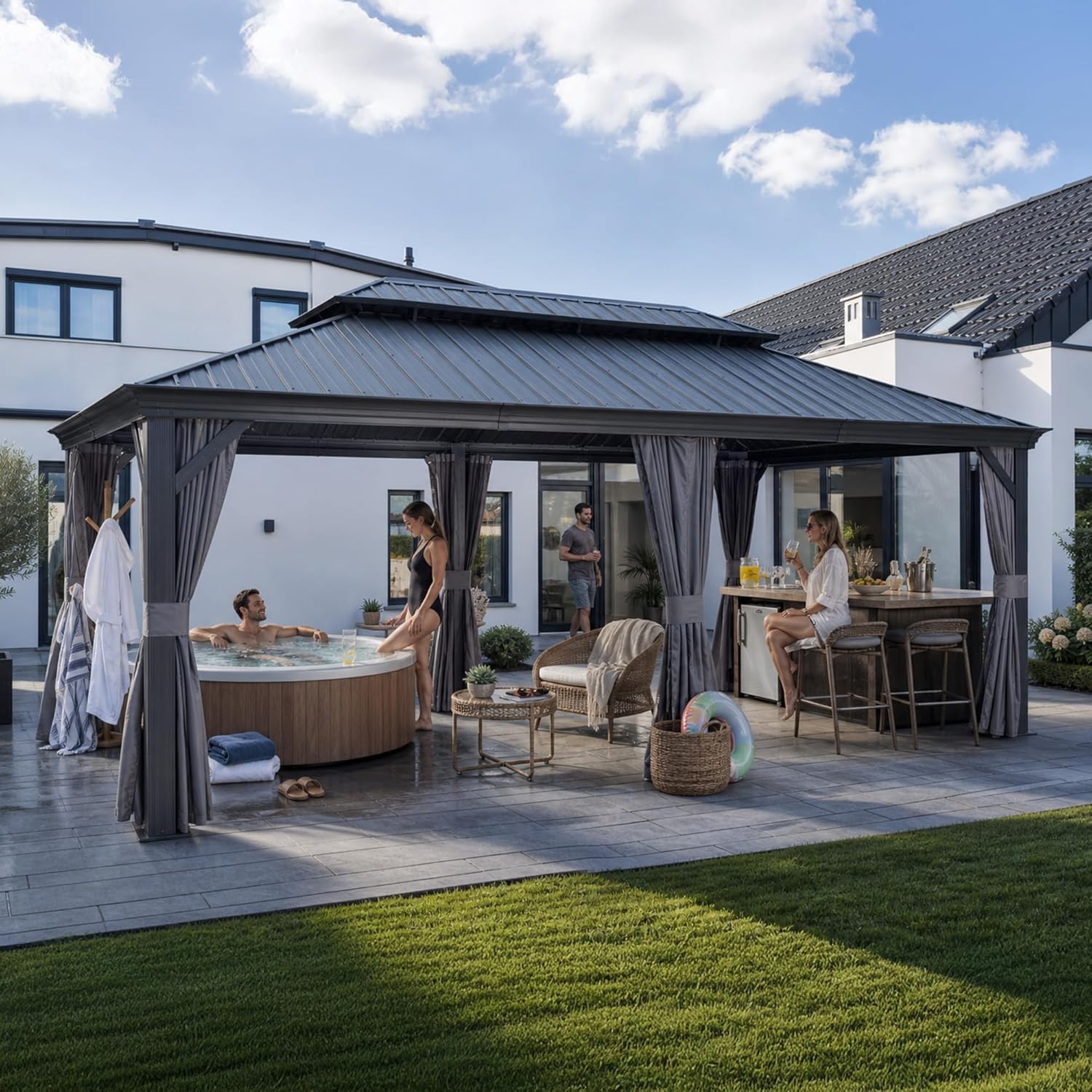 bleujardin - Pergola double toit acier - 6x3,65m - moustiquaire, rideaux, gouttière, poteaux renforcés
