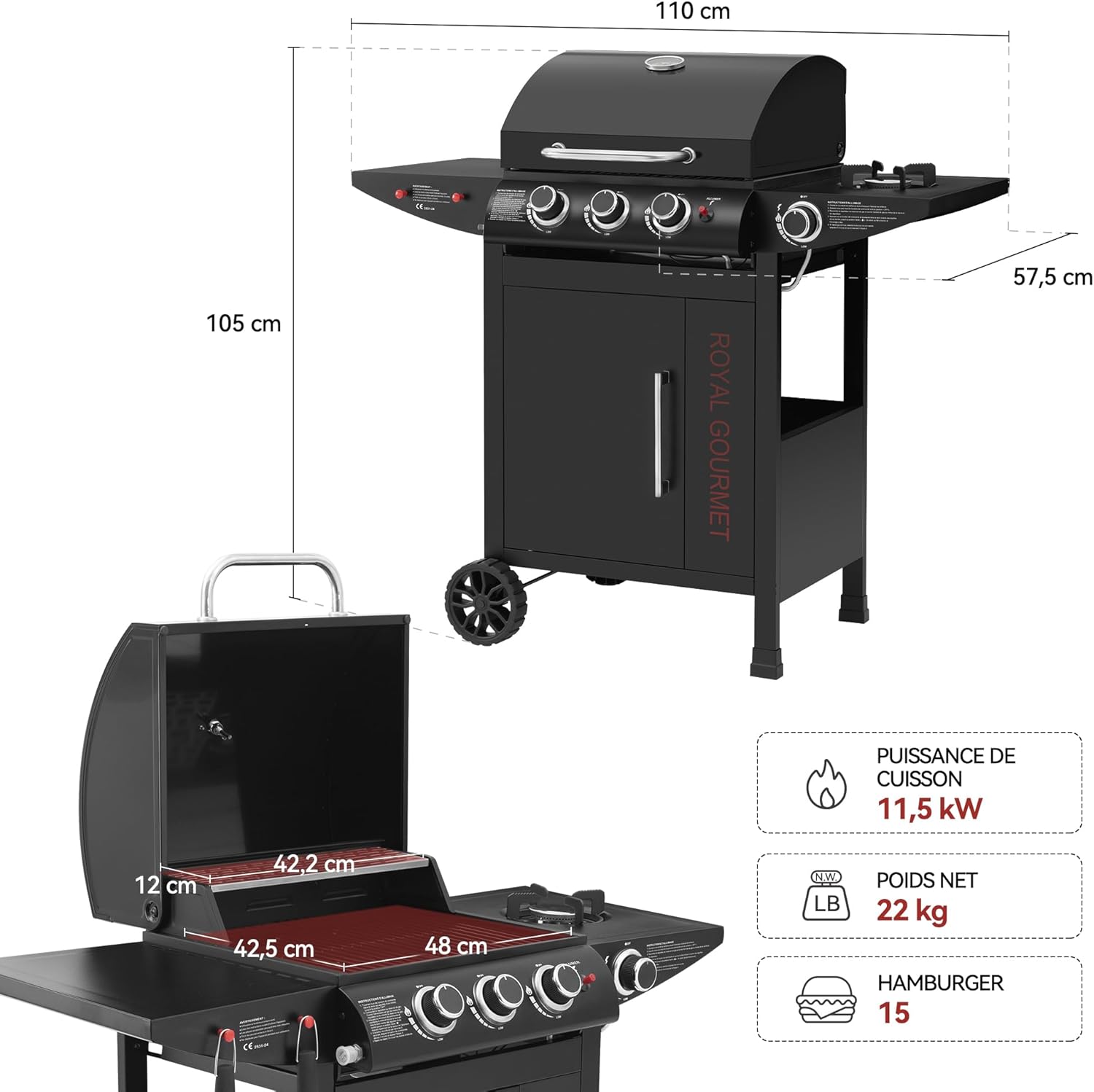 bleujardin - barbecue gaz 3+1 brûleurs inox - 11,5 kW - chariot, 2 roues, thermomètre