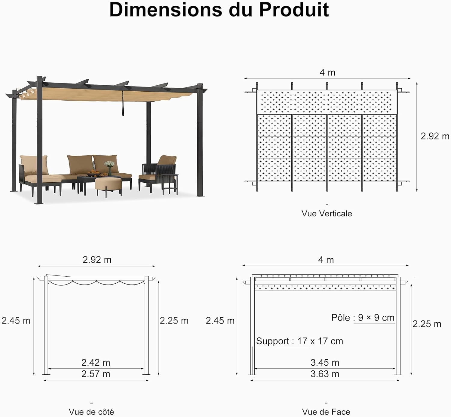 bleujardin - Pergola aluminium 4x3m, toit rétractable, éclairage intégré
