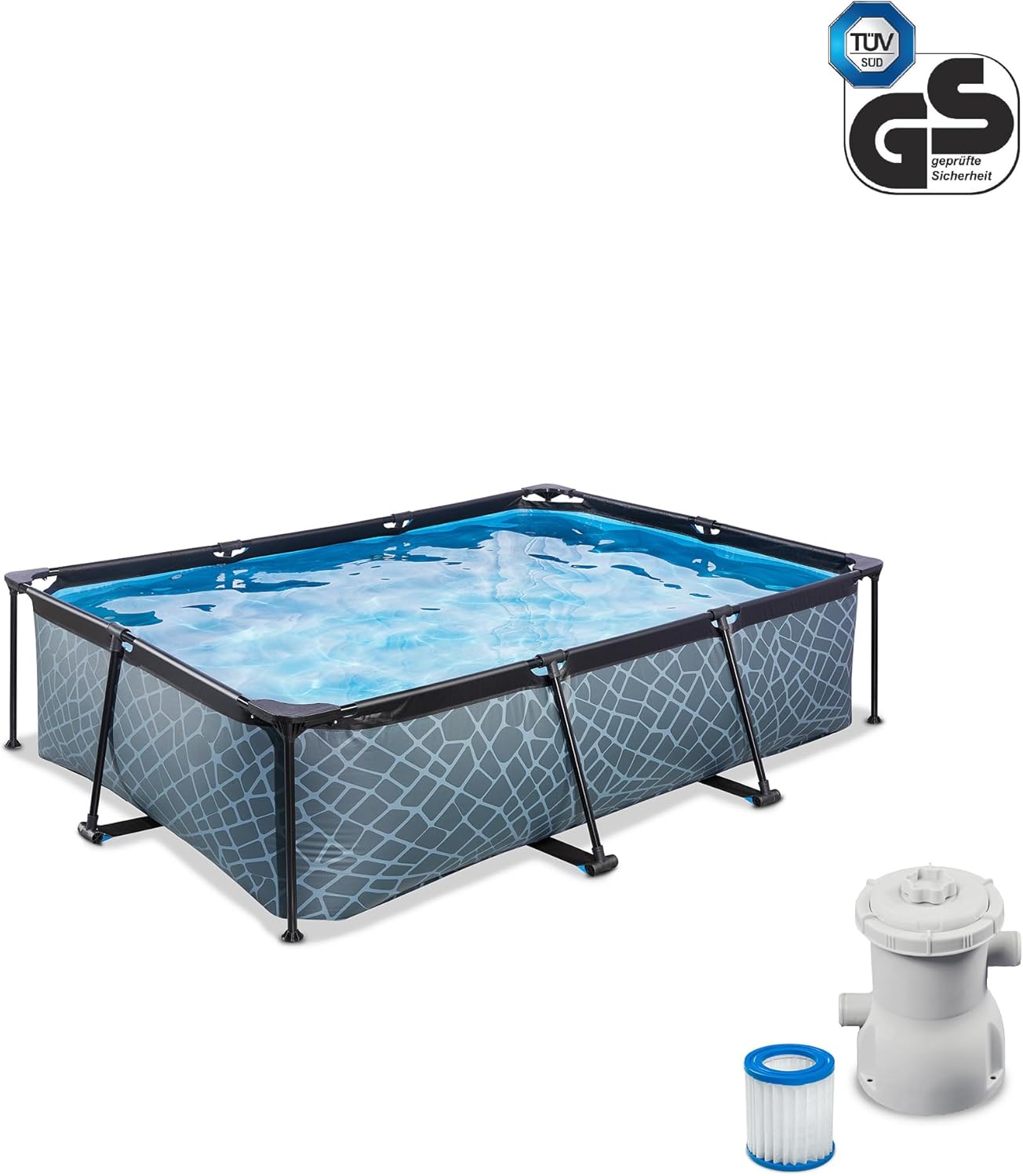 bleujardin Piscine Tubulaire Stone - 220x150x65cm - Piscine Hors Sol Rectangulaire avec Pompe Filtrante à Cartouche - Entrée Basse - Idéal pour Les Jeunes Enfants - Cadre Stable - Design Unique - Gris