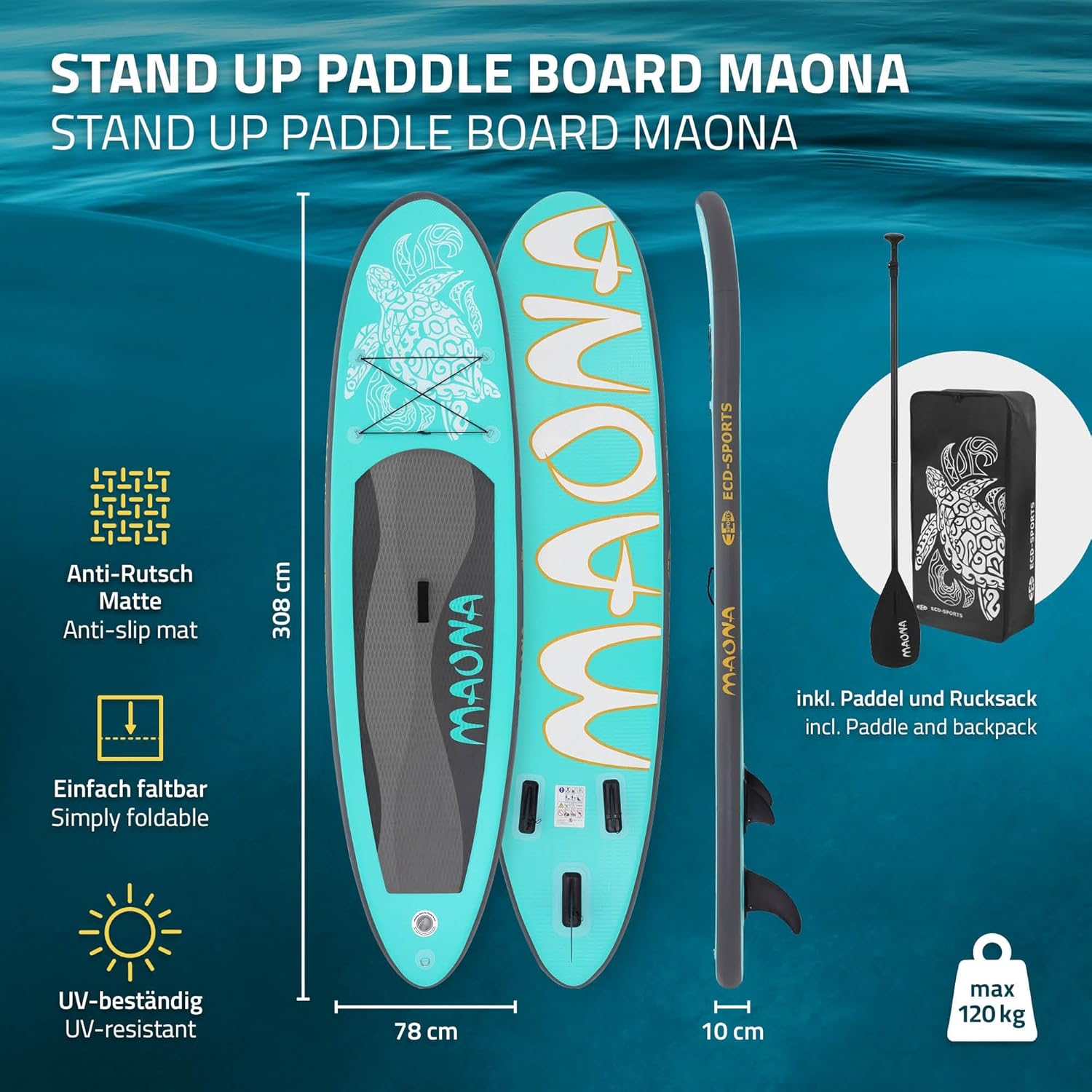bleujardin - Stand Up Paddle Gonflable - 305/308/320/380 cm - PVC 120/150 kg 10/15 cm