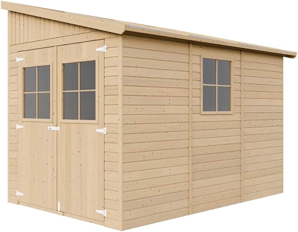 Abri de Jardin en Bois Naturel(avec paroi latérale) avec Les PLANCHERS IMPRÉGNÉ- Stockage extérieur avec fenêtres- H244x218x318 cm/6 m2 - Atelier Rangement Outils et vélos- bleujardin M339A+M339G The Forest Stewardship Council
