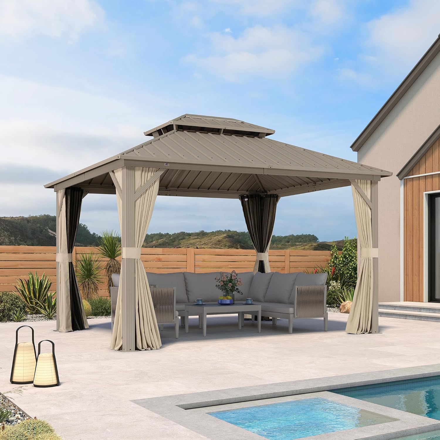 bleujardin - pergola aluminium - 3,65x3m - double toit, moustiquaire, rideaux