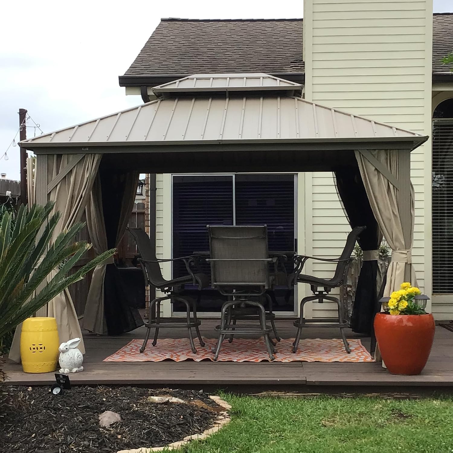bleujardin - pergola aluminium - 3,65x3m - double toit, moustiquaire, rideaux