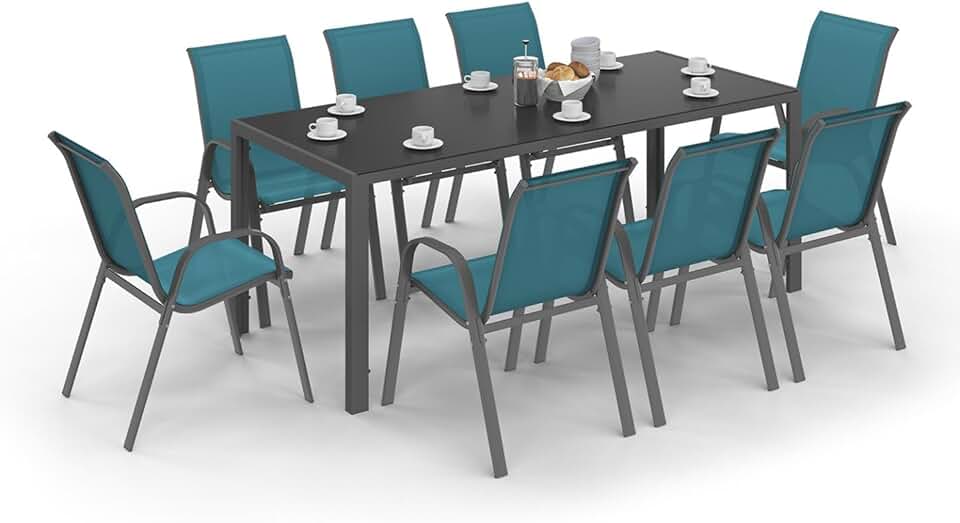 bleujardin - Madrid salon jardin 190cm, 8 chaises empilables bleu