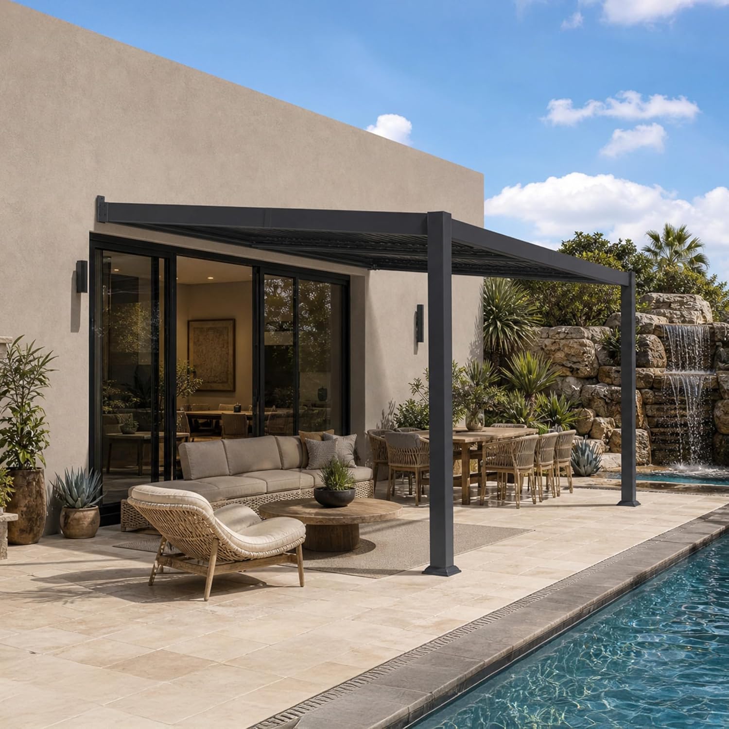bleujardin - Pergola bioclimatique adossée - 3x4,25m - aluminium, lames orientables, résistante UV et pluie