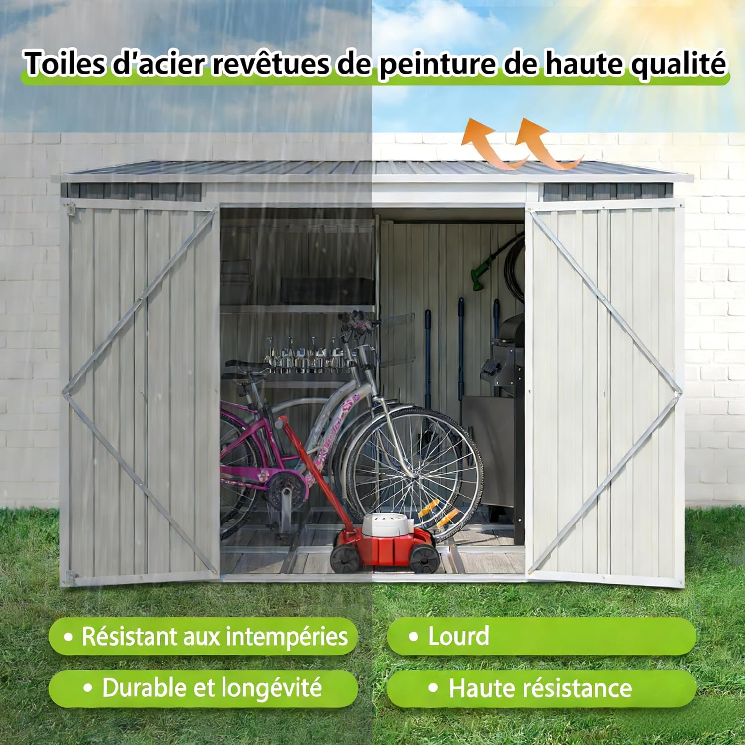 Abri de Jardin Métal 1,8 x 2,4 m – Double Porte Verrouillable avec Sol Inclus – Résistant aux Intempéries pour Rangement des Outils de Jardinage, Tondeuse et Vélo