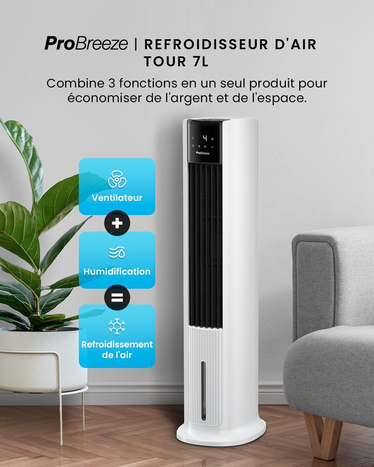 bleujardin OmniAir Rafraichisseur d’Air 7L 3en1, 7 Vitesses, 3 Modes, Oscillant, Minuterie 10h, Climatiseur Mobile Sans Évacuation, Silencieux, Sans Conduit, Ventilateur Refroidisseur d'Air