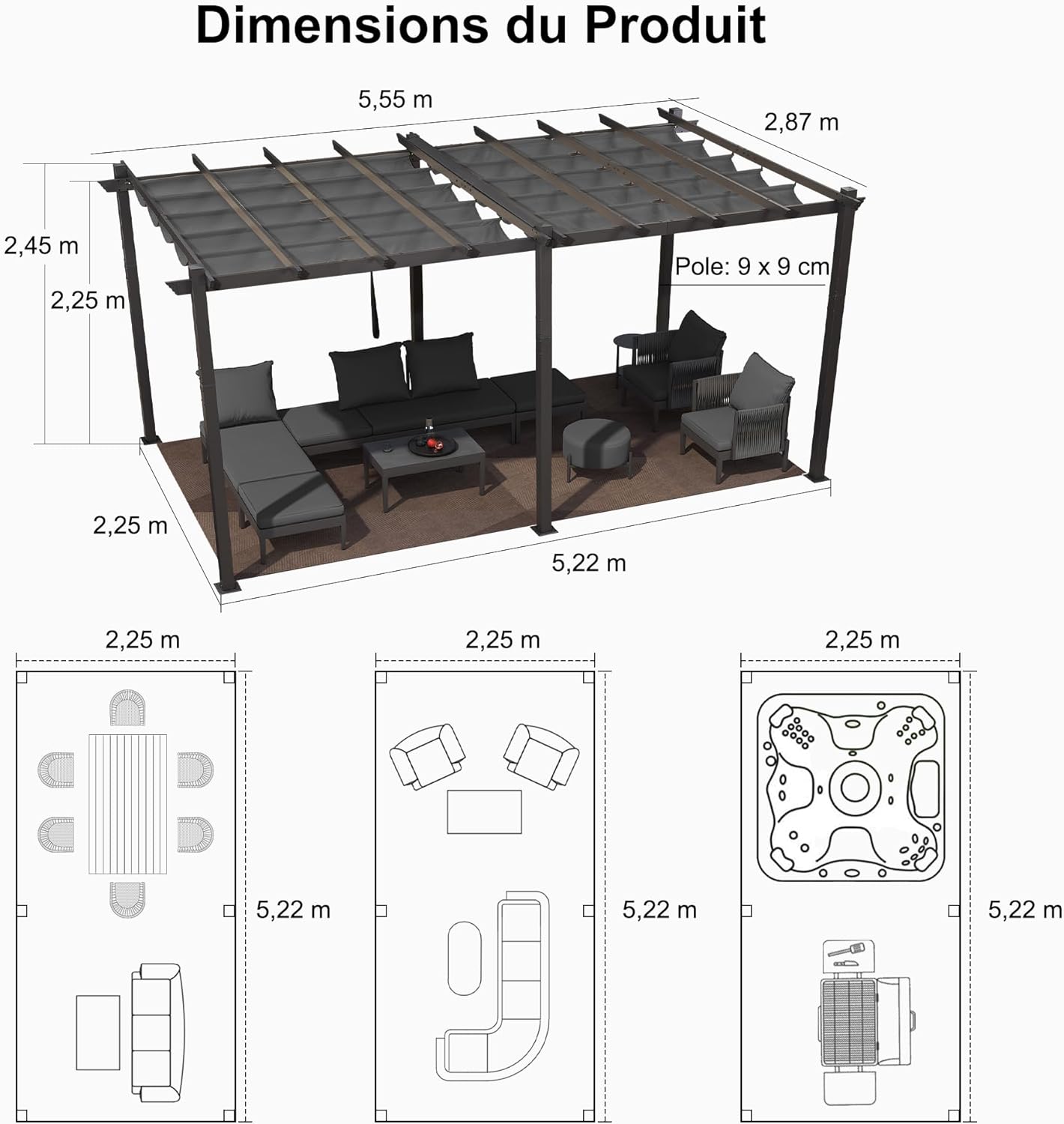 bleujardin - pergola aluminium - 5,5x3 m - toit coulissant, tissu teint