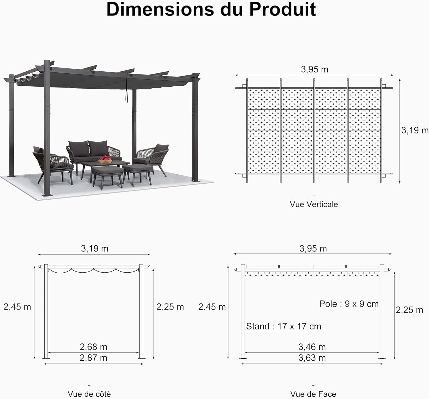 bleujardin - Pergola aluminium - 4x3,2m - LED, toit rétractable, toile teintée