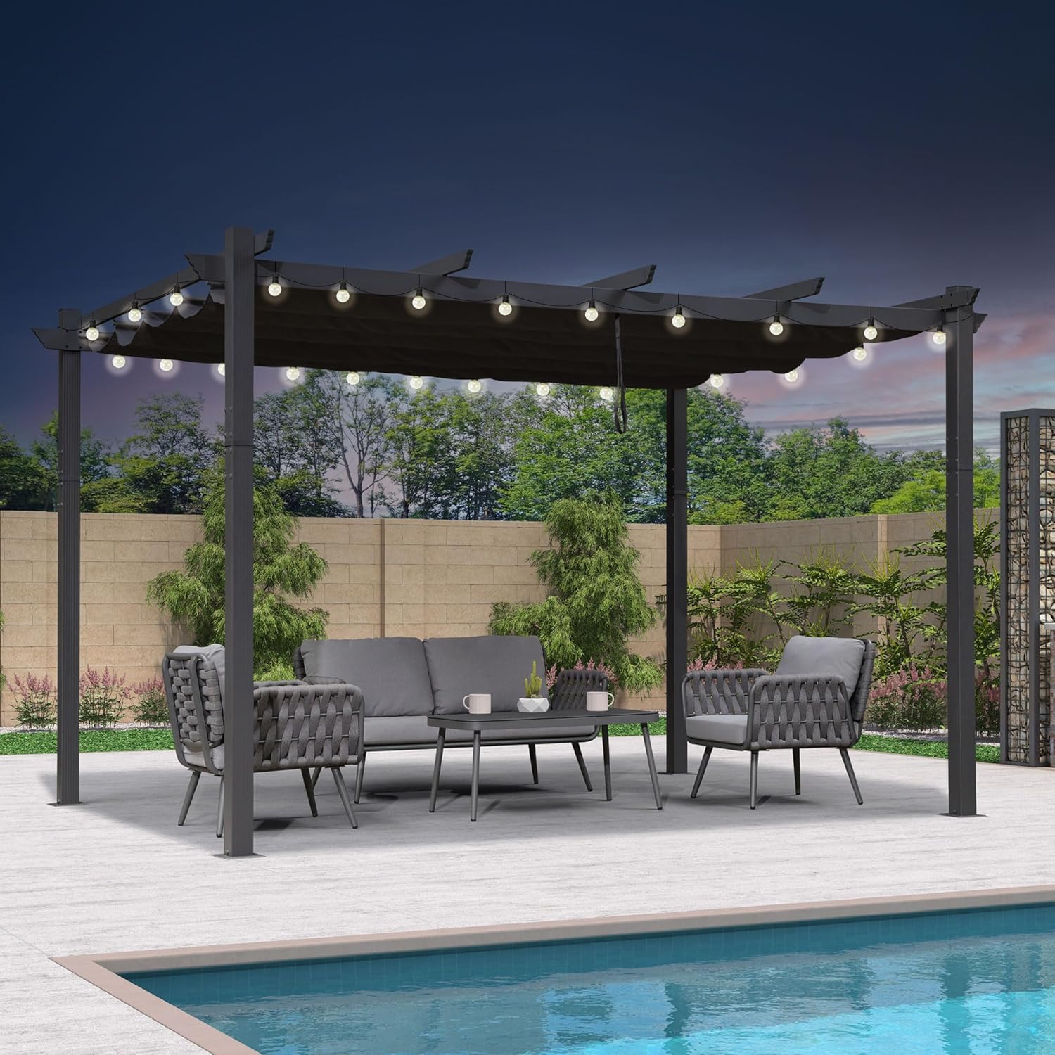 bleujardin - Pergola aluminium - 4x3,2m - LED, toit rétractable, toile teintée