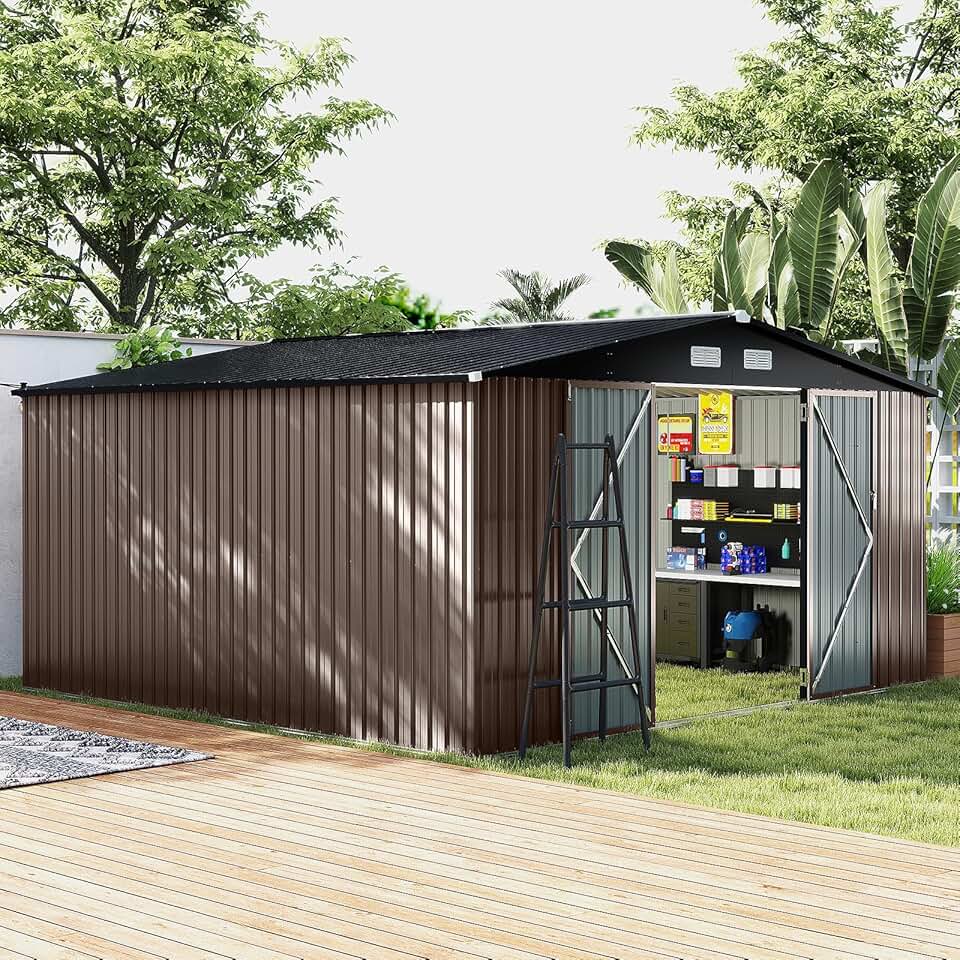 bleujardin - abri de jardin métal, 12m², toit double pente, double porte, 4 aérations