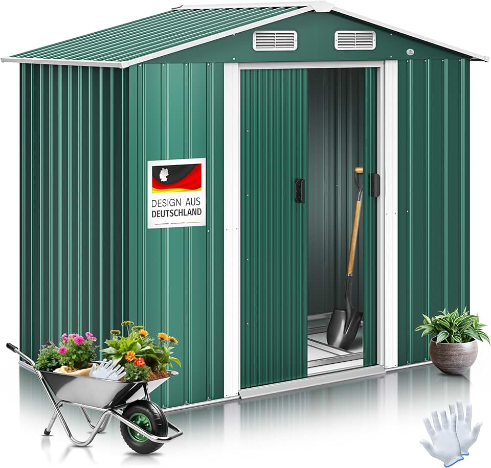 bleujardin® Abri de Jardin XL en métal de 4,2 m³ avec Fondation, Gants de Travail, 182 x 118 x 186 cm, 2 Portes coulissantes, Abri à Outils, Armoire, Toit à Pente de Jardin Vert