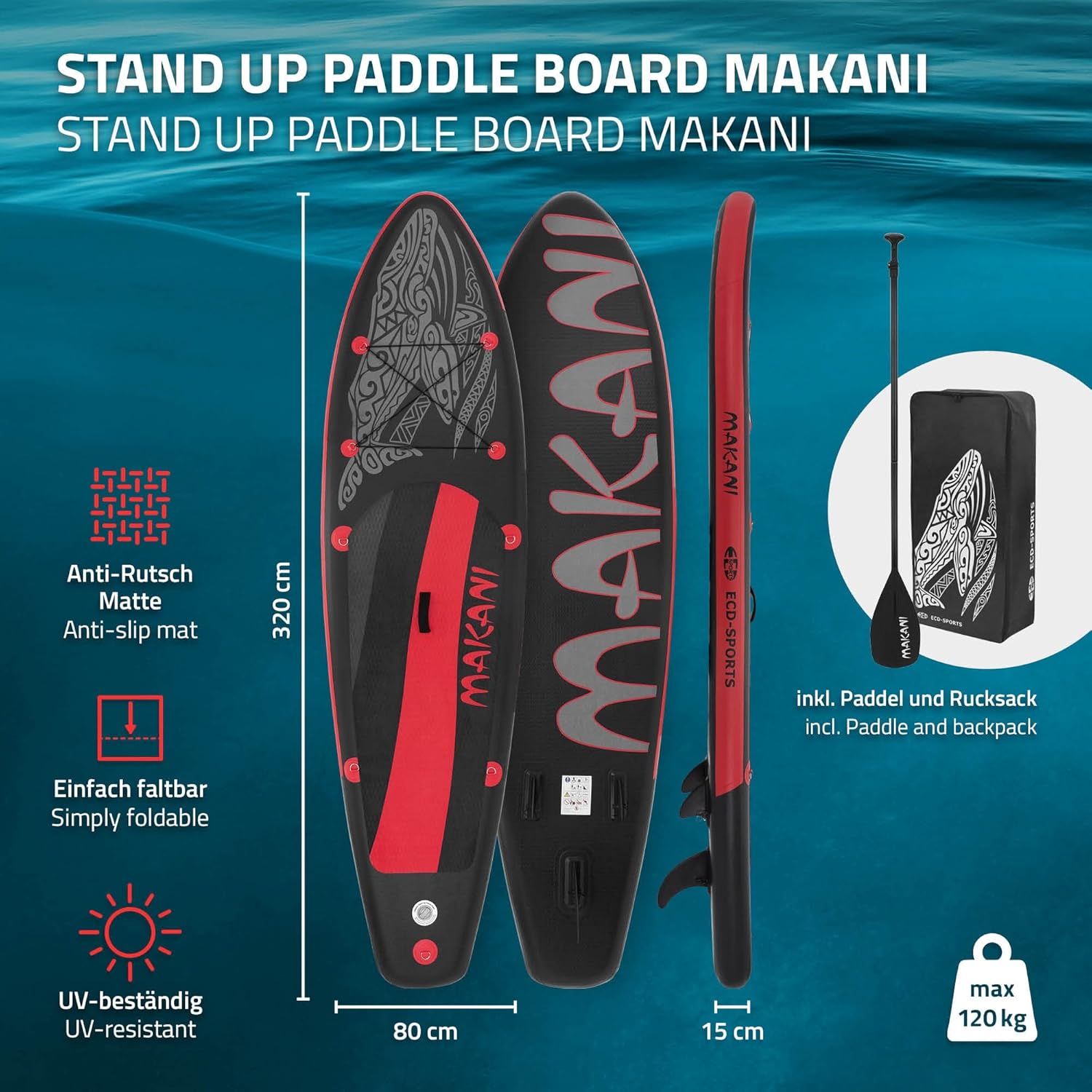 bleujardin - Stand Up Paddle Board - 305/308/320/380 cm - PVC, 120/150 kg, 10/15 cm d'épaisseur