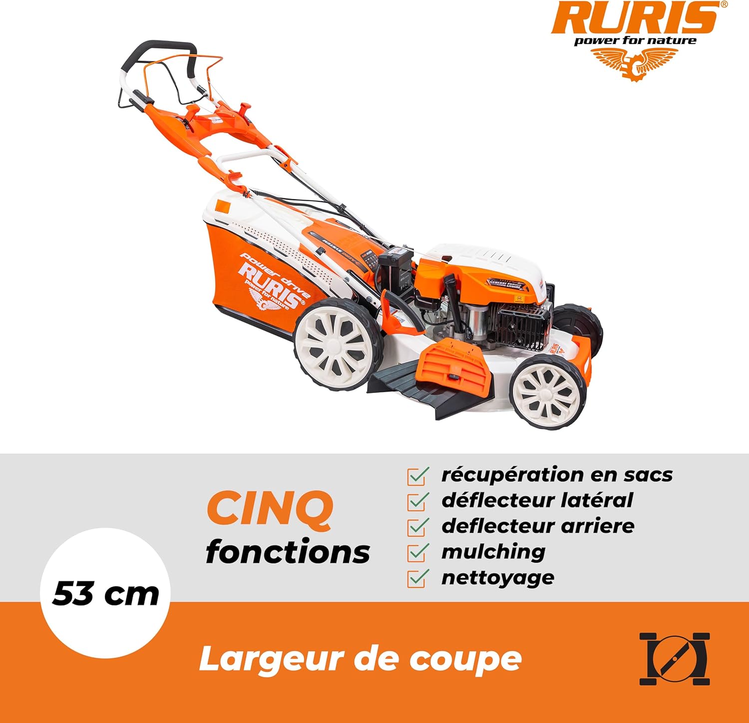 bleujardin Tondeuse à Gazon Thermique 5 en 1 Mulching 5,7 CV 196cc RX500S, Orange