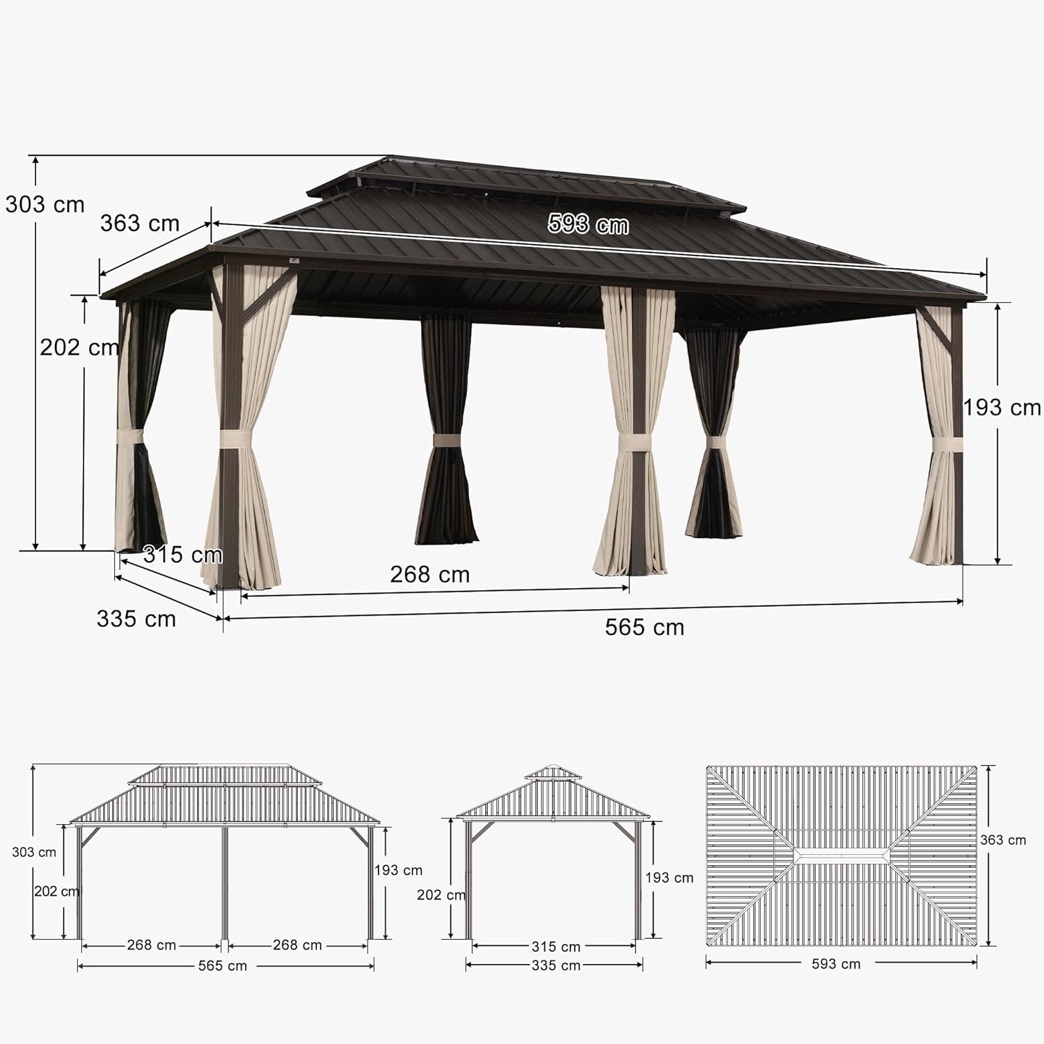 bleujardin - pergola double toit rigide 6x3,65m, aluminium, guirlande, rideaux