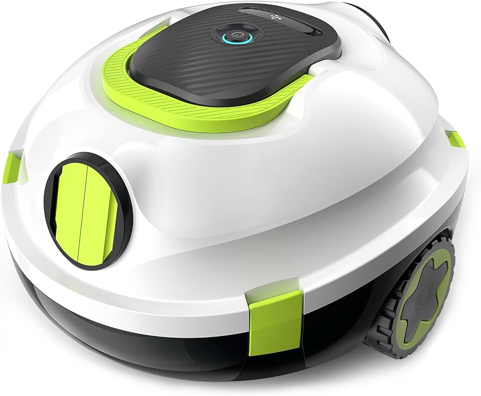bleujardin Robot de Piscine sans Fil, aspirateur de Piscine Automatique, 120 Minutes d'autonomie, stationnement Automatique, léger, Puissant Robot pour Piscine Hors-Sol/enterrée jusqu'à 110 ㎡(blancvert)