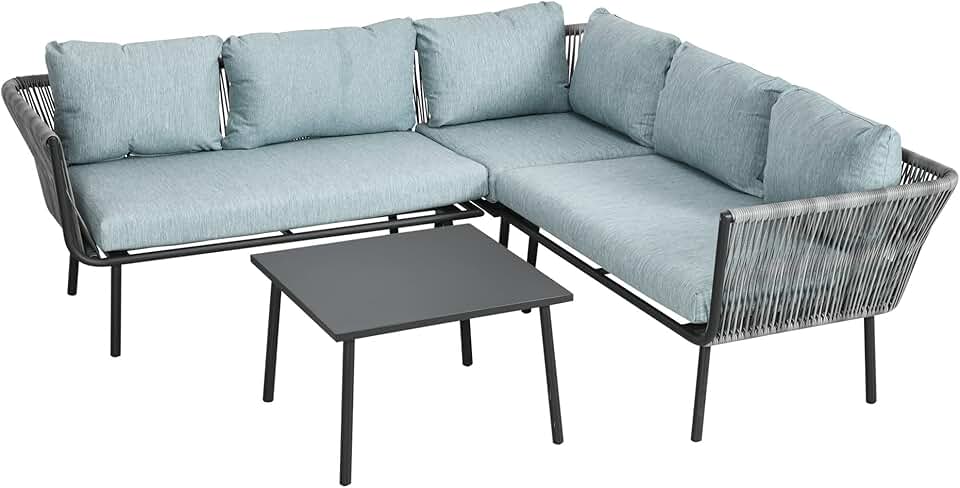 bleujardin - Salon de jardin d'angle résine tressée 4 places - alu, coussins inclus, gris