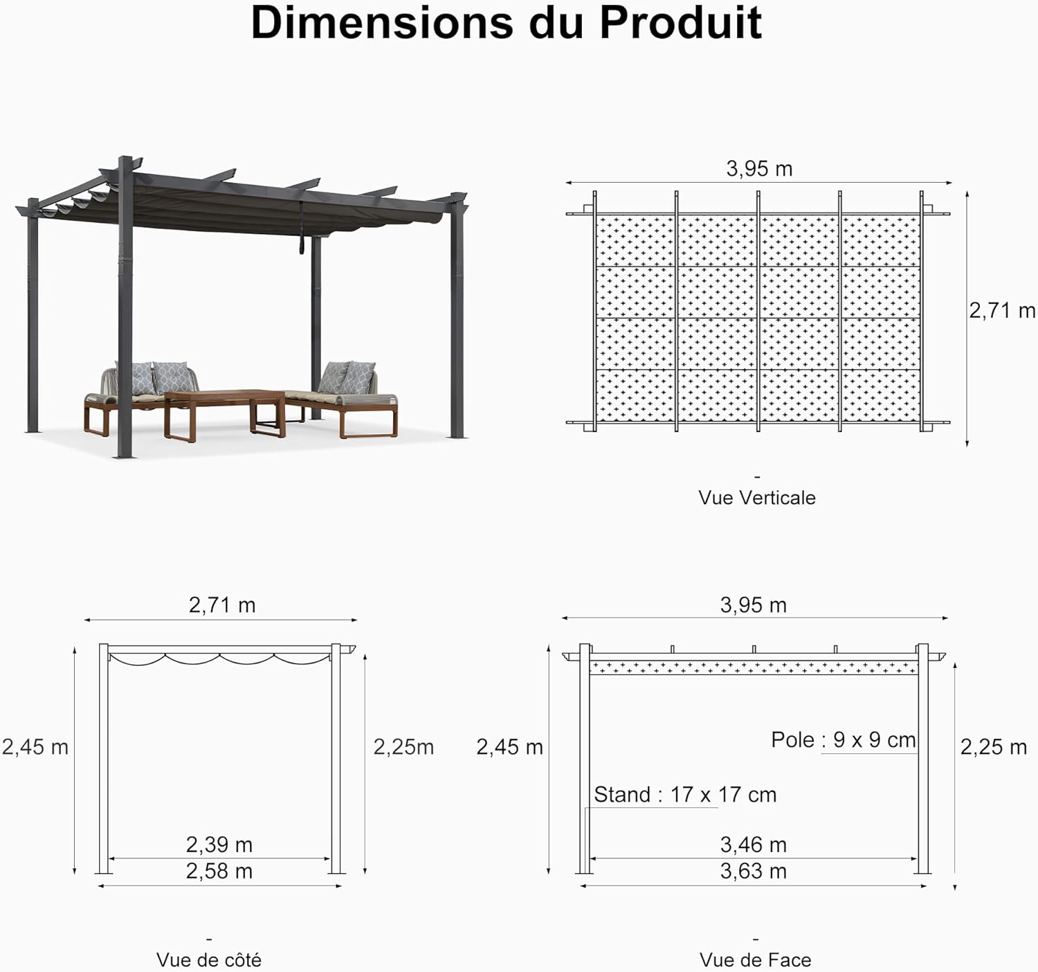 bleujardin - Pergola murale série aluminium 4x2,7m toit coulissant, tissu teint, gris