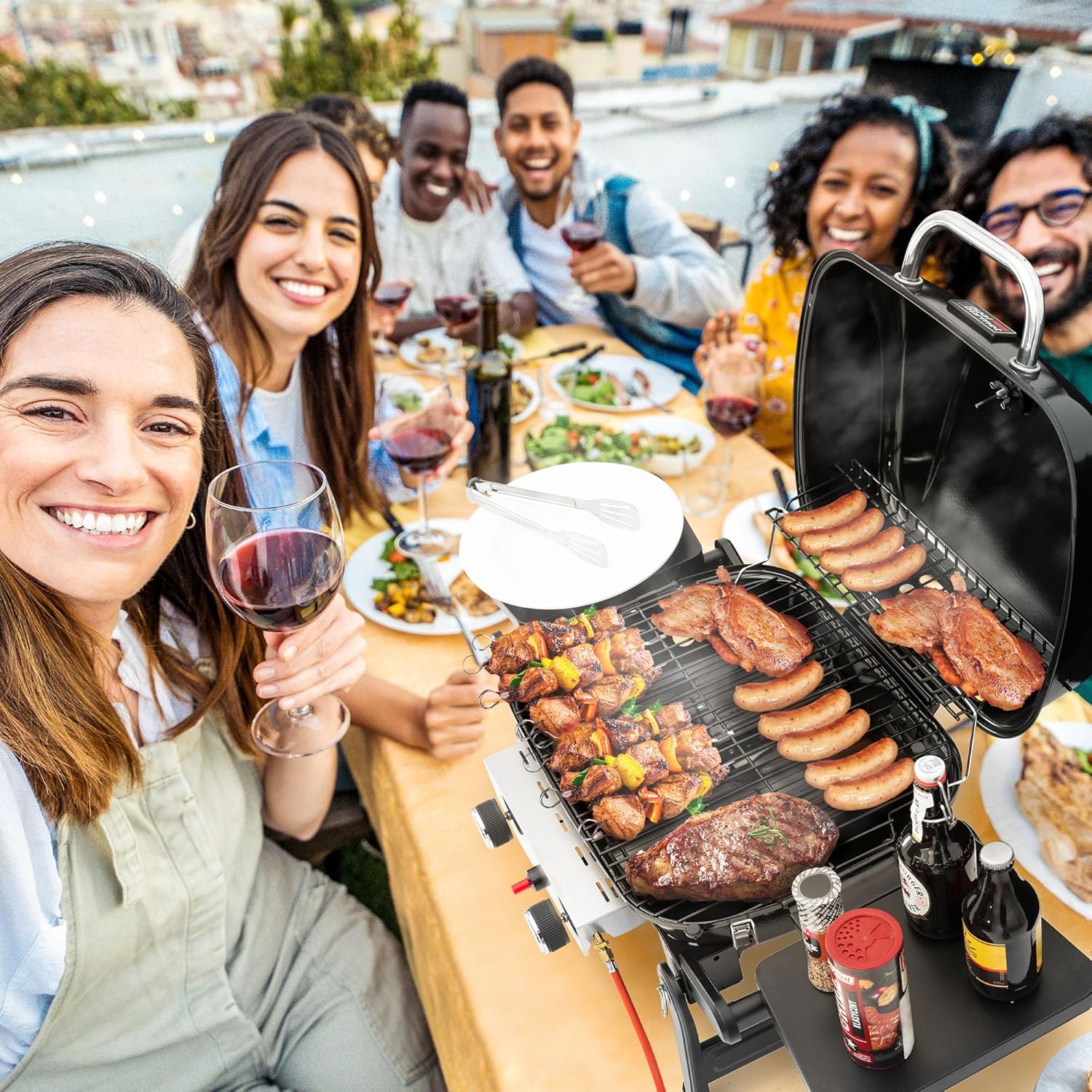 bleujardin - Barbecue Gaz 2 brûleurs - 48x37 cm - tables pliables, 5kW