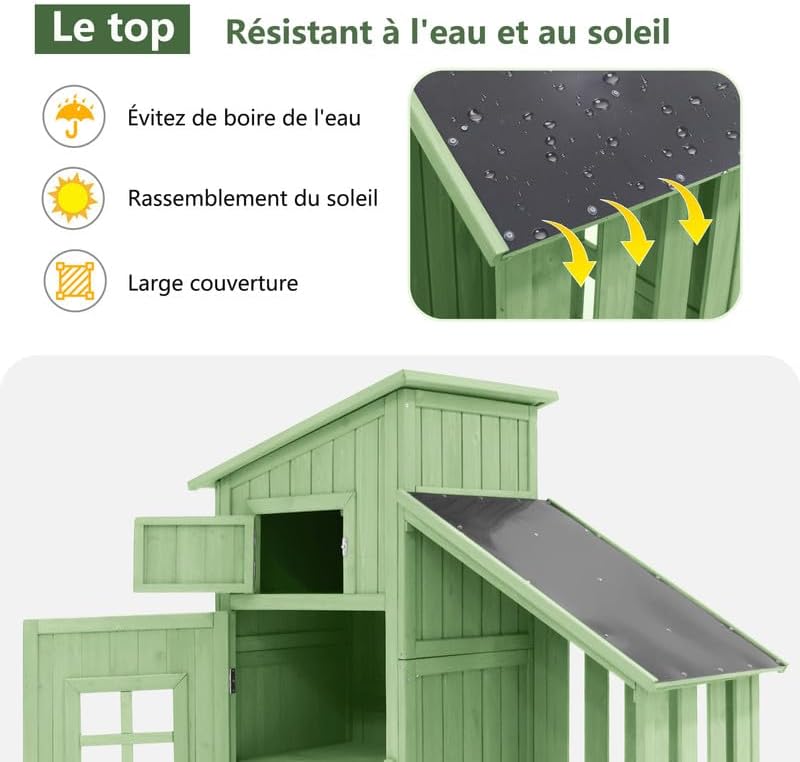 Abri de Jardin en Bois 124x46x174cm,Rangement Outils de Jardin,Cabane de Jardin Extérieur avec Serrure en PVC incliné à loquet,Vert