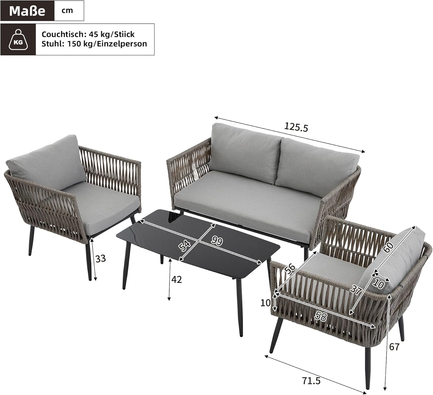 Ensemble de Meubles de jardin 4 places, canapé, fauteuils, table basse, acier, verre, PE tressé