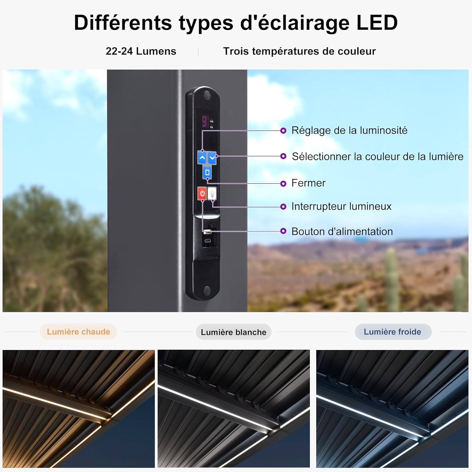 bleujardin - Pergola bioclimatique - 4x6m - alu lames LED gris
