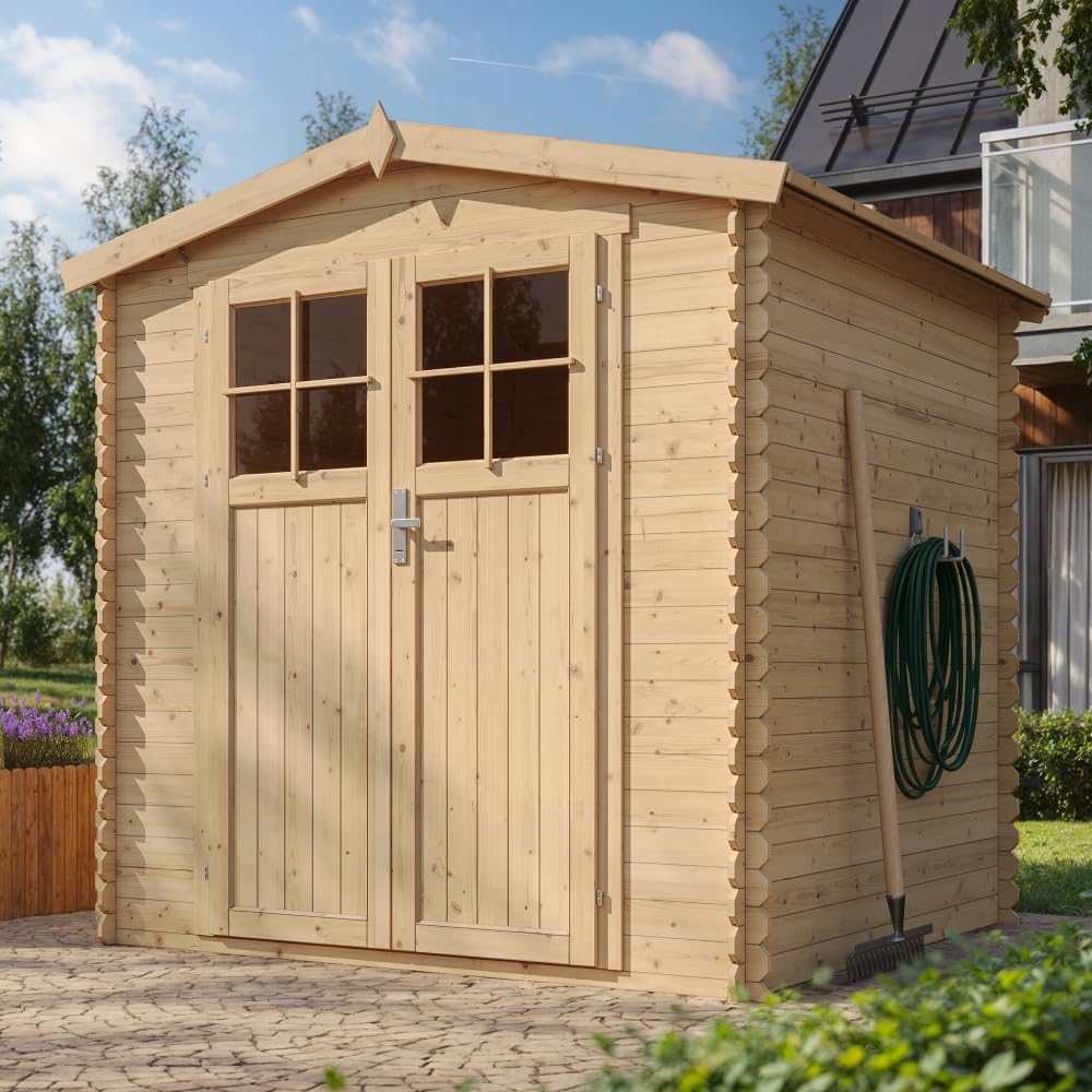 Abri de Jardin en Bois avec Sol TRAITÉ Porte verrouillable de Haute qualité - Stockage extérieur I216xL206xH218 cm/ 3.53 m2 - Toit imperméable, fenêtres bleujardin M343F+M343G
