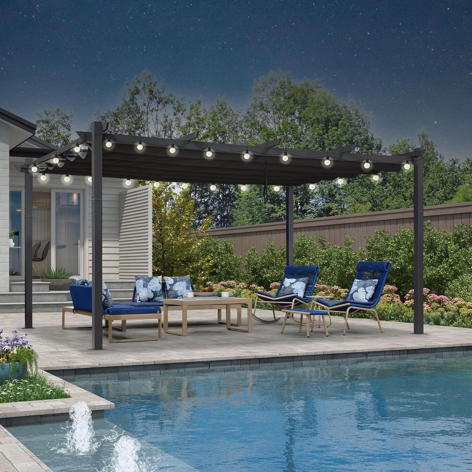 bleujardin - pergola aluminium - 4,8x3,5m - LED, toit rétractable, tissu mass teinté, structure résistante