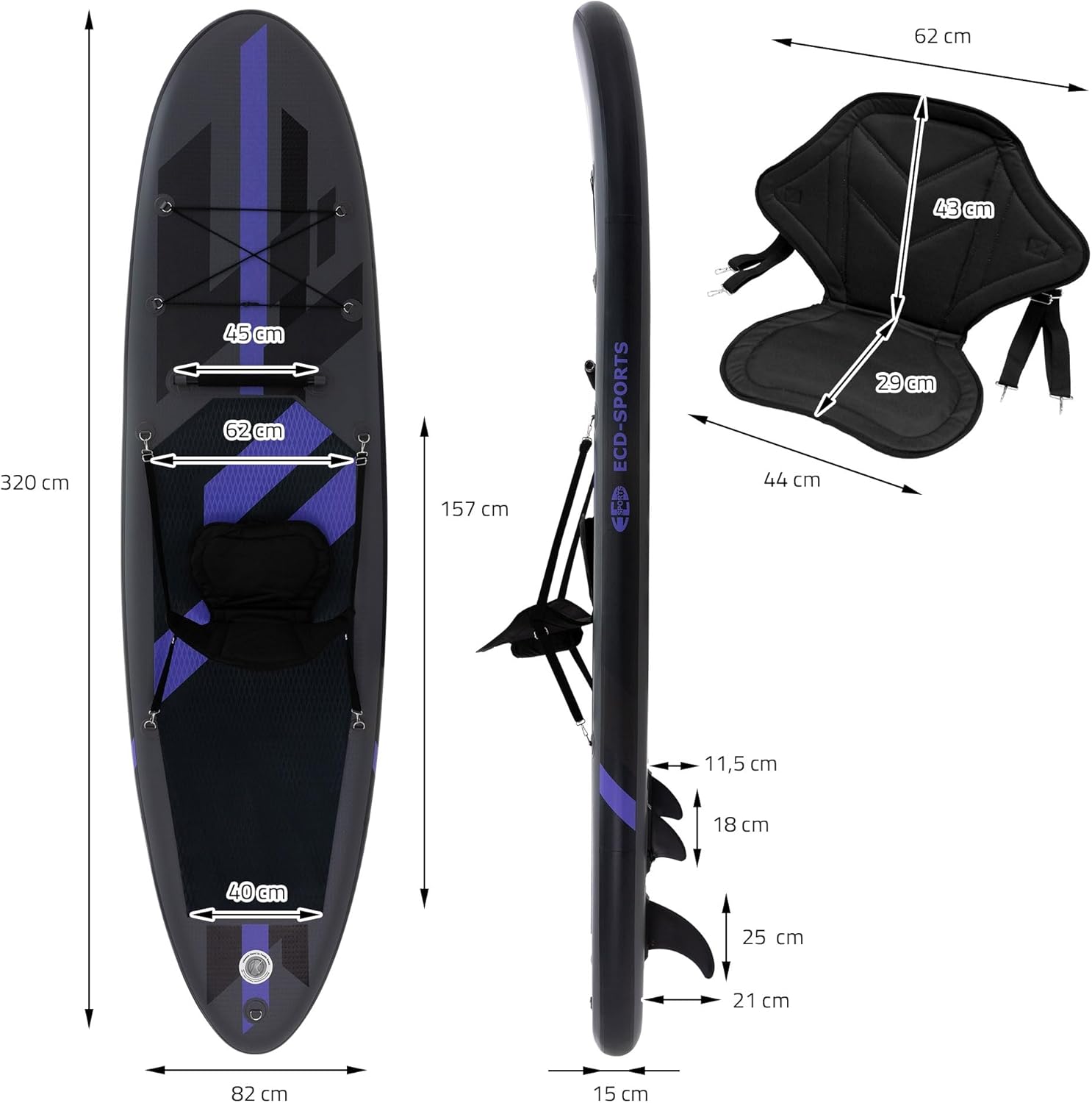 bleujardin - Stand Up Paddle Gonflable - 305/308/320/380 cm - PVC, 120/150 kg, 10/15 cm