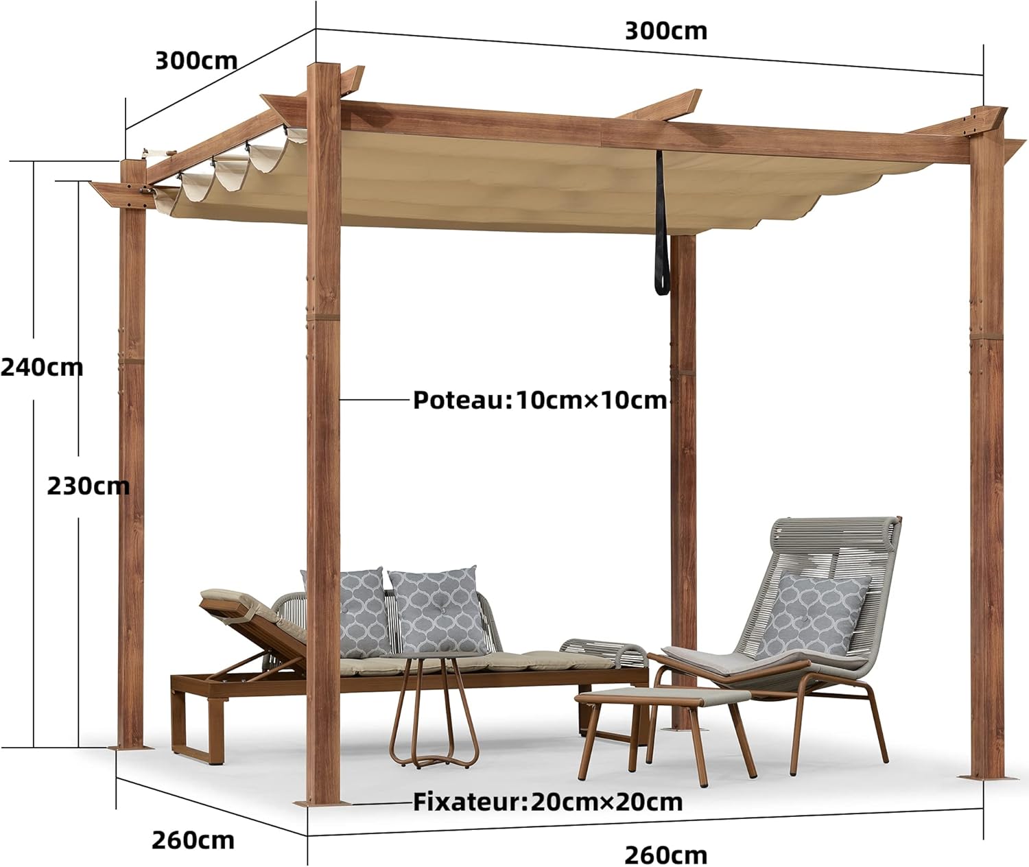 bleujardin - Pergola 3x3m - aluminium, éclairage, toit rétractable