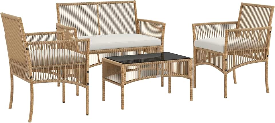 bleujardin - Salon de jardin 4p - métal/résine, coussins beige, table verre