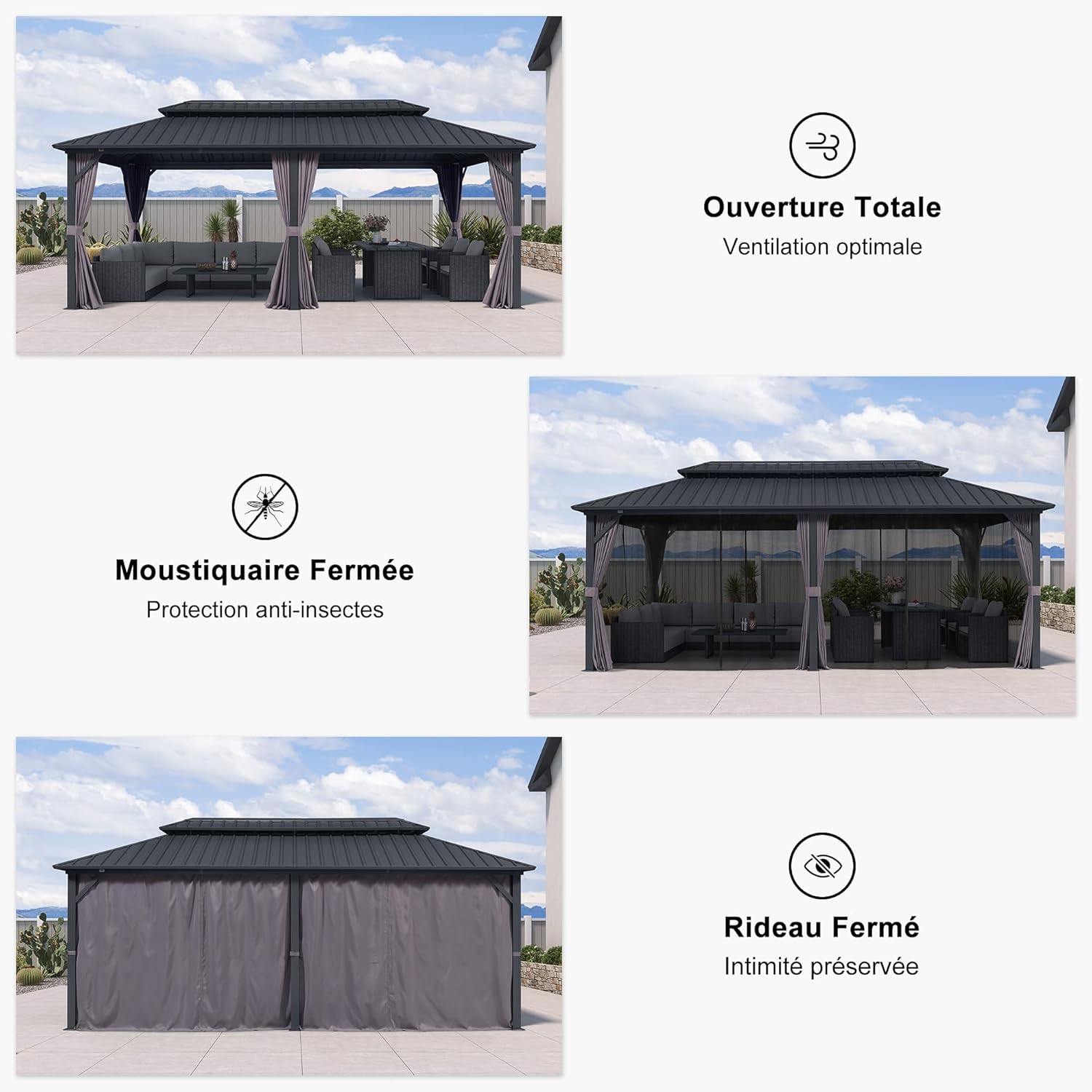 bleujardin - pergola double toit 6x3m, alu & acier, rideaux & moustiquaire