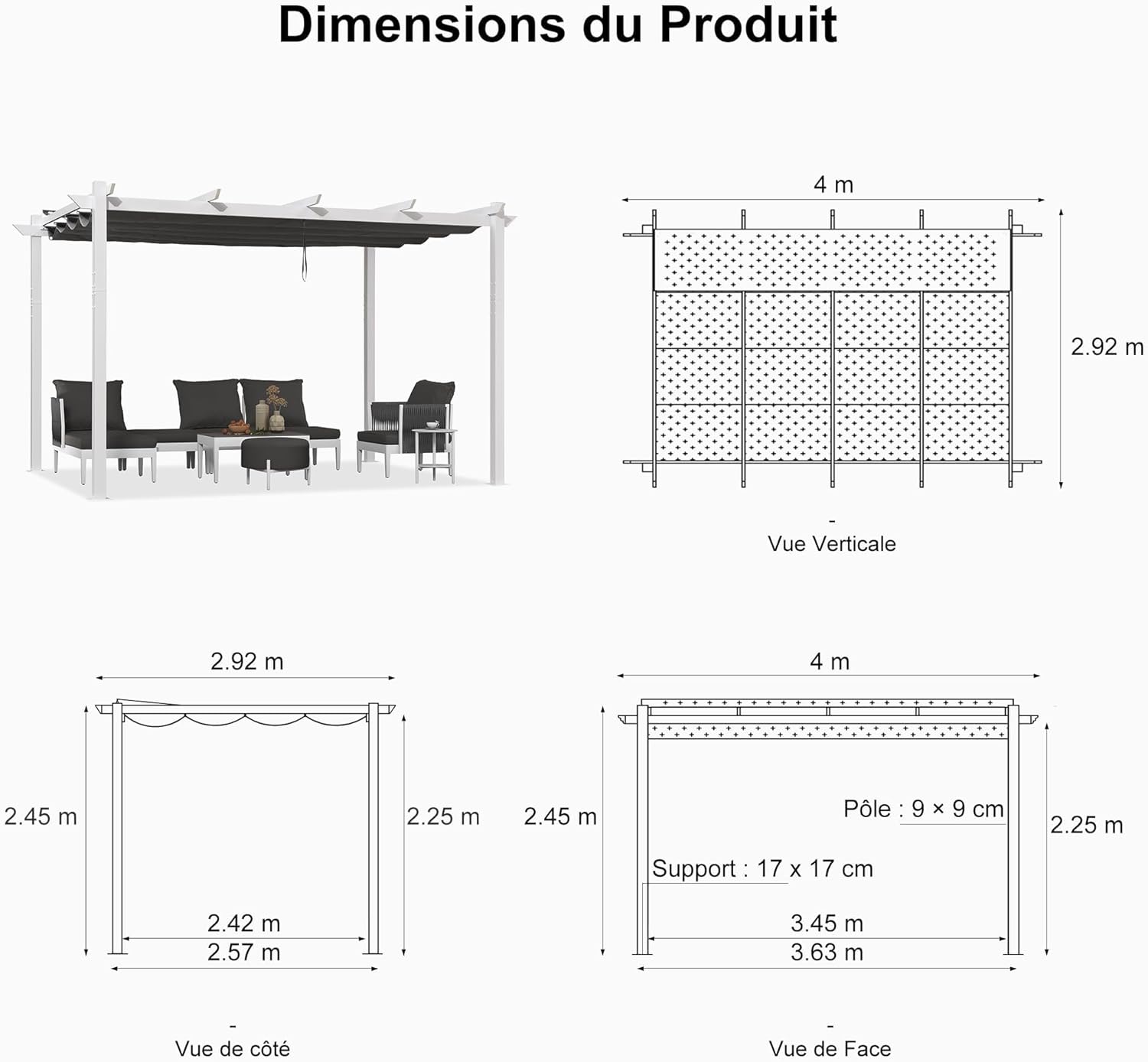 bleujardin - pergola aluminium série - 4x3m - toit métal blanc, toile rétractable, étanche