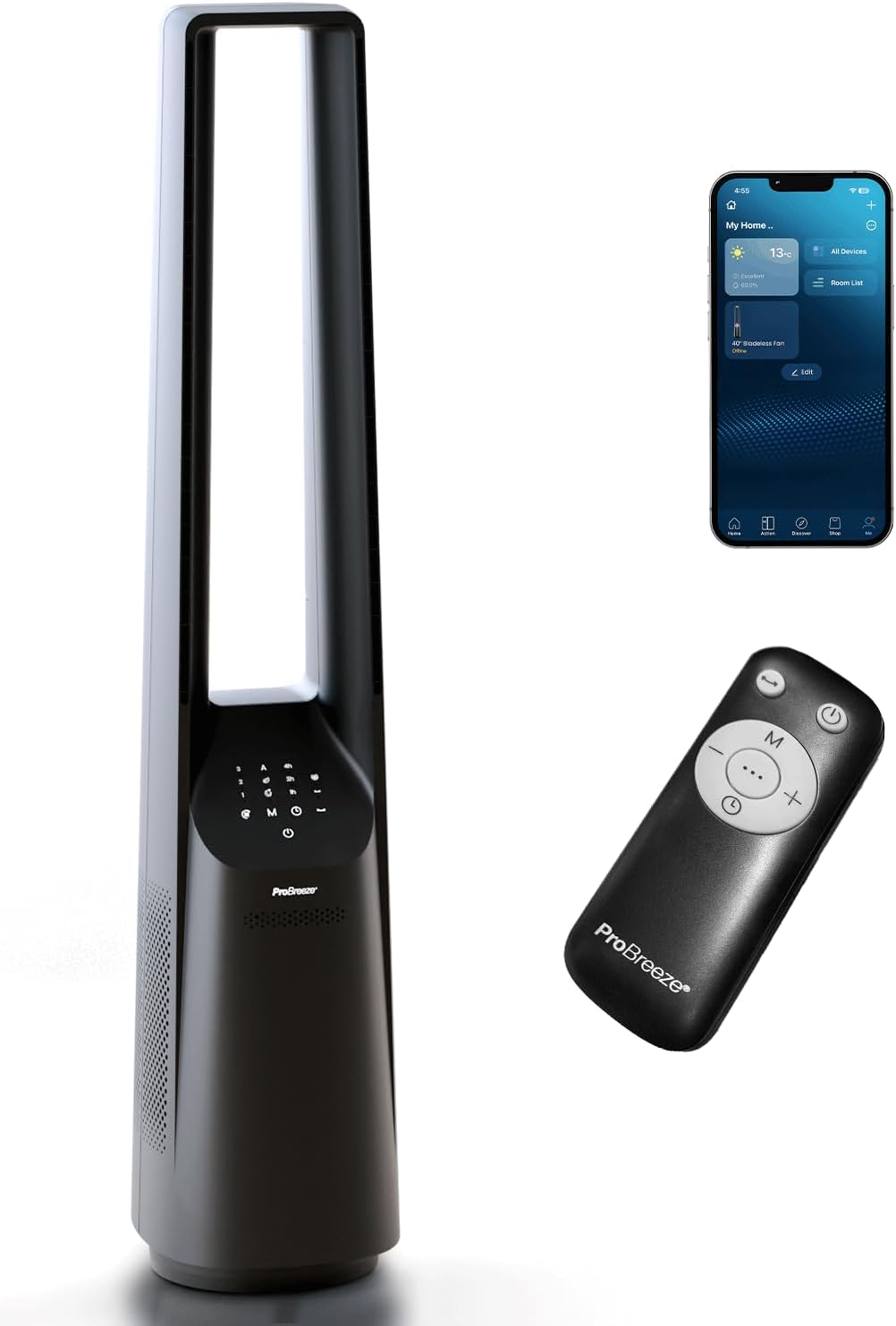 bleujardin - Ventilateur colonne sans pales - 101 cm - WiFi, ultra silencieux, LED, télécommande, 6 vitesses, 5 modes, o